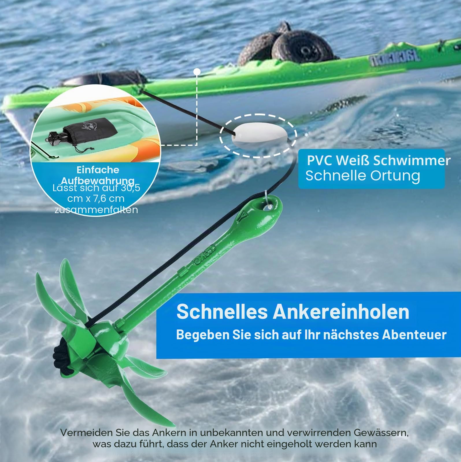 Alpinista Kajakanker, 1,6 kg, tragbar, faltbar, mit 12,2 m langem Seil für Kajak, Kanus, Angeln und Paddelbrett-Zubehör, Grün