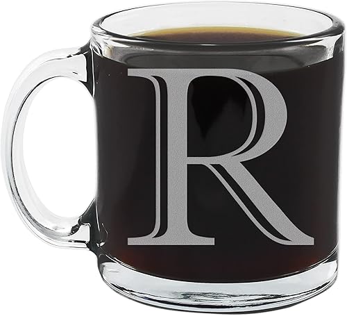 Spotted Dog Company Taza de café de vidrio transparente con monograma grabado de 12 onzas (letra R), regalos personalizados de café A-Z para amantes