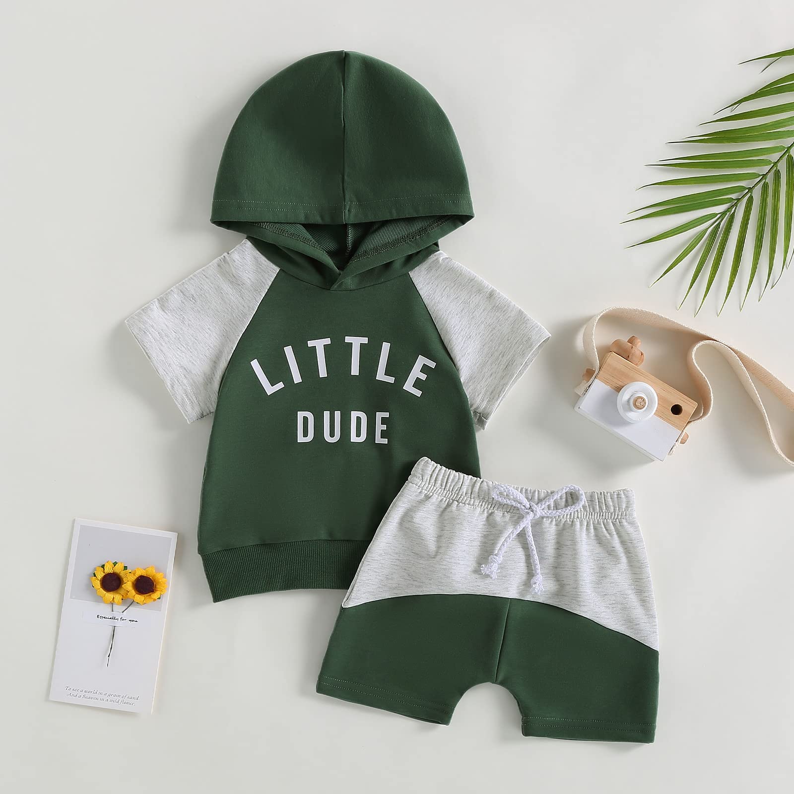 LIOMENGZI Infant Baby Boy Summer Outfits Hooded Color Block Clothes Little Dude Print Shorts Set Toddler Causal Shorts Outfits (Green, 6-12 Months)