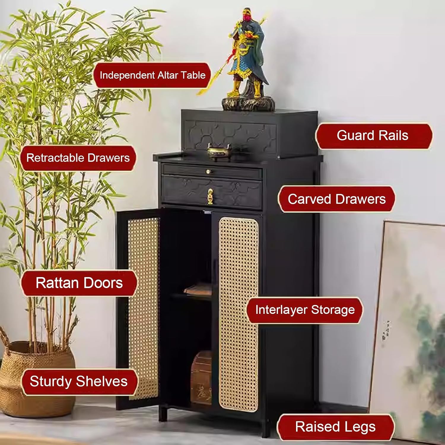 Bamboo Shrine Altar Table, with Retractable Pull Plate and Enclosed Storage, Meditation Prayer Tables, for Shrines, Temples(42cm/16.5'')