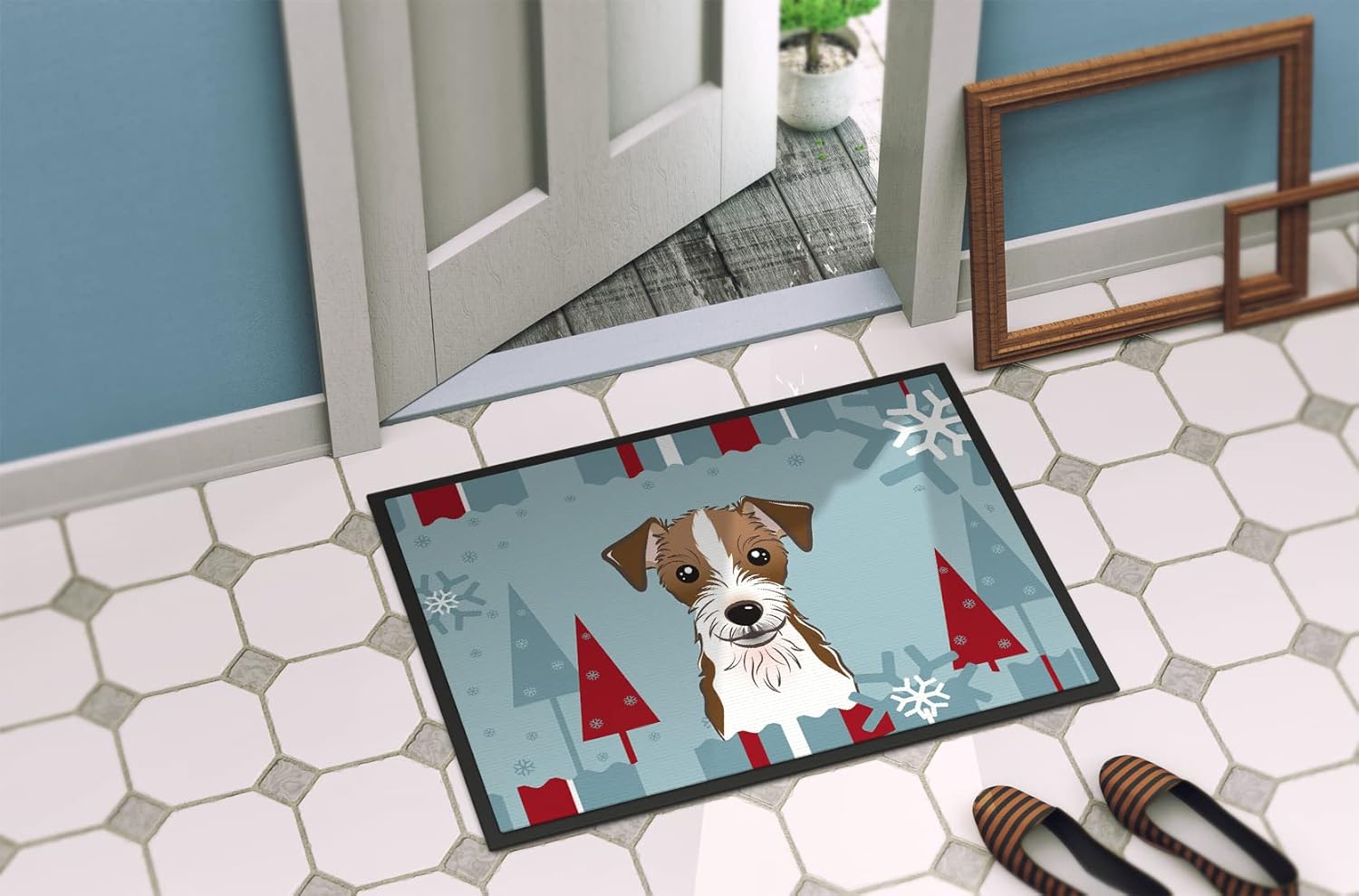 Caroline's Treasures BB1698MAT Winter Holiday Jack Russell Terrier Doormat 18x27 Front Door Mat Indoor Outdoor Rugs for Entryway, Non Slip Washable Low Pile, 18H X 27W