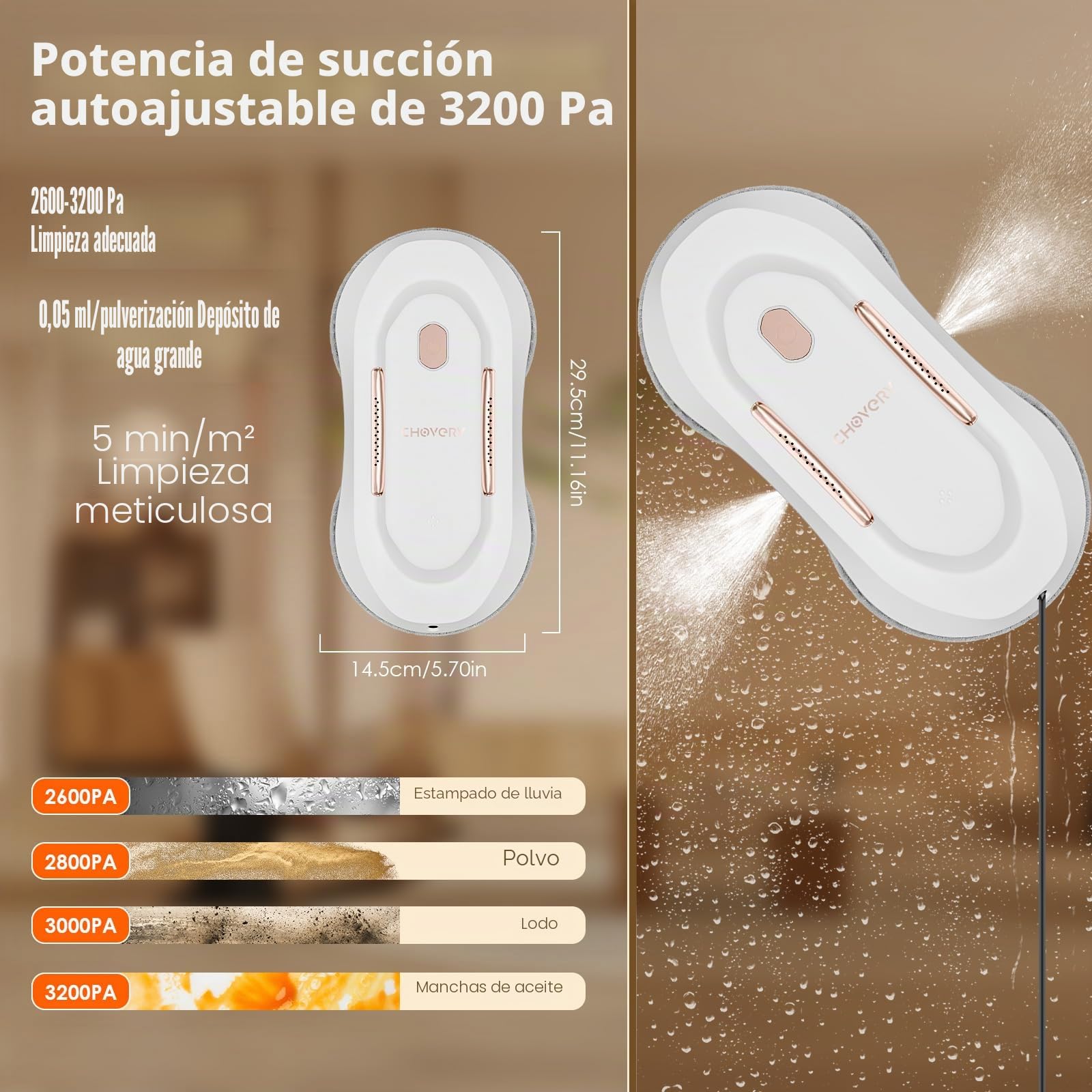 CHOVERY Robot de limpieza de ventanas automático con doble spray de agua CL3, limpiador de ventanas, robot limpiador de ventanas, robot de limpieza de vidrio, eléctrico de 3000 Pa Sunction Power