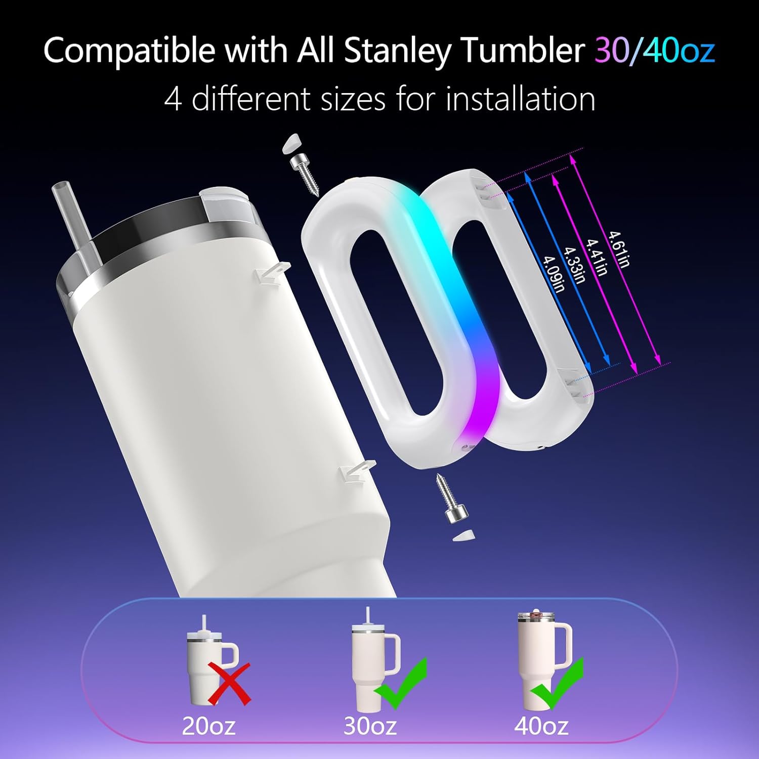 7 Modes LED Light-Up Tumbler Handle for Stanley Cup 40oz/30oz, Tumbler Handle with Pickup Music Rhythm Lights Use for Outdoor Party & Home, Birthday Christmas Valentine's Stanley Gift (H10 White) - Image 2