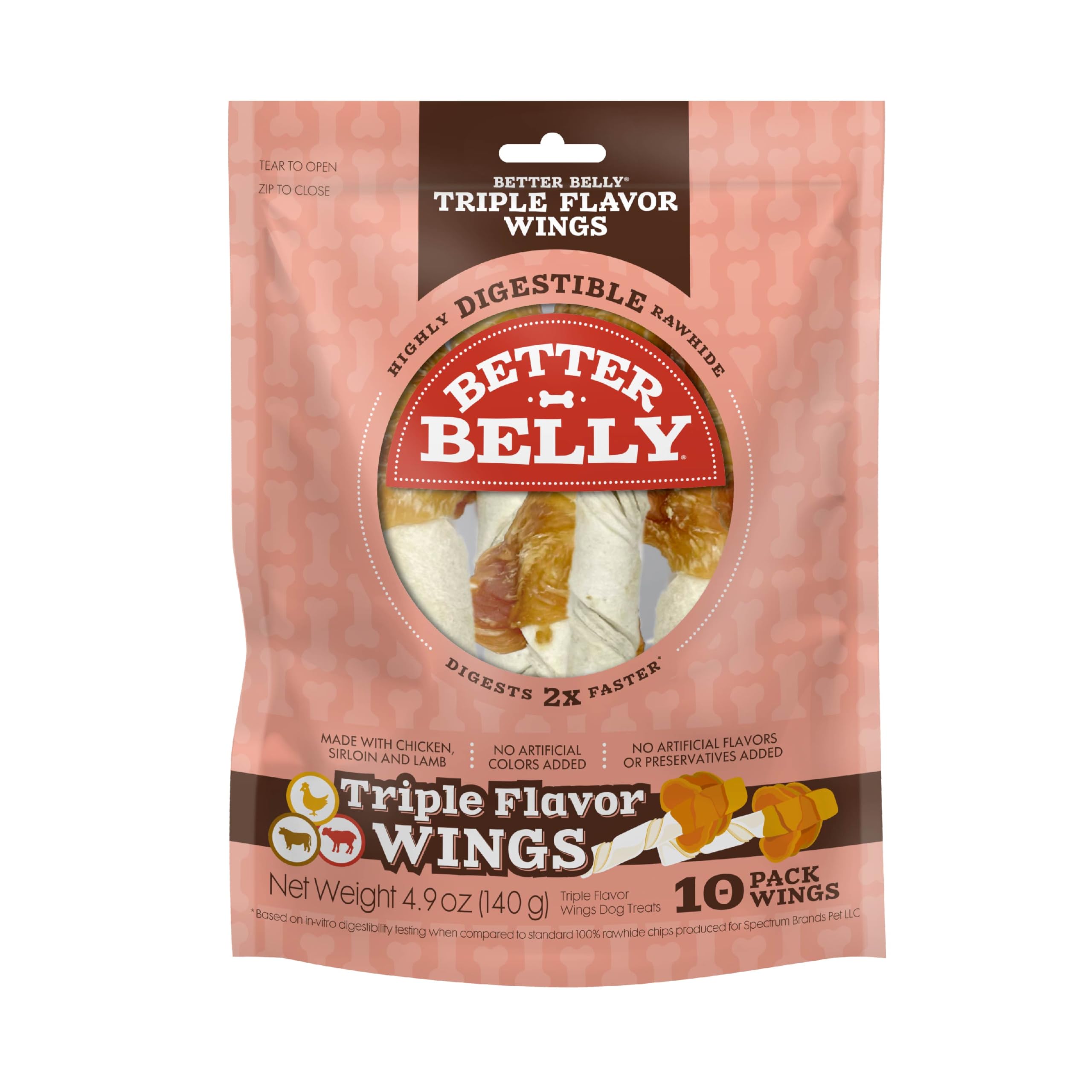 Better BellyDog Chew, Chicken, Lamb & Sirloin Flavored Wings, 4.9 oz, 10 ct