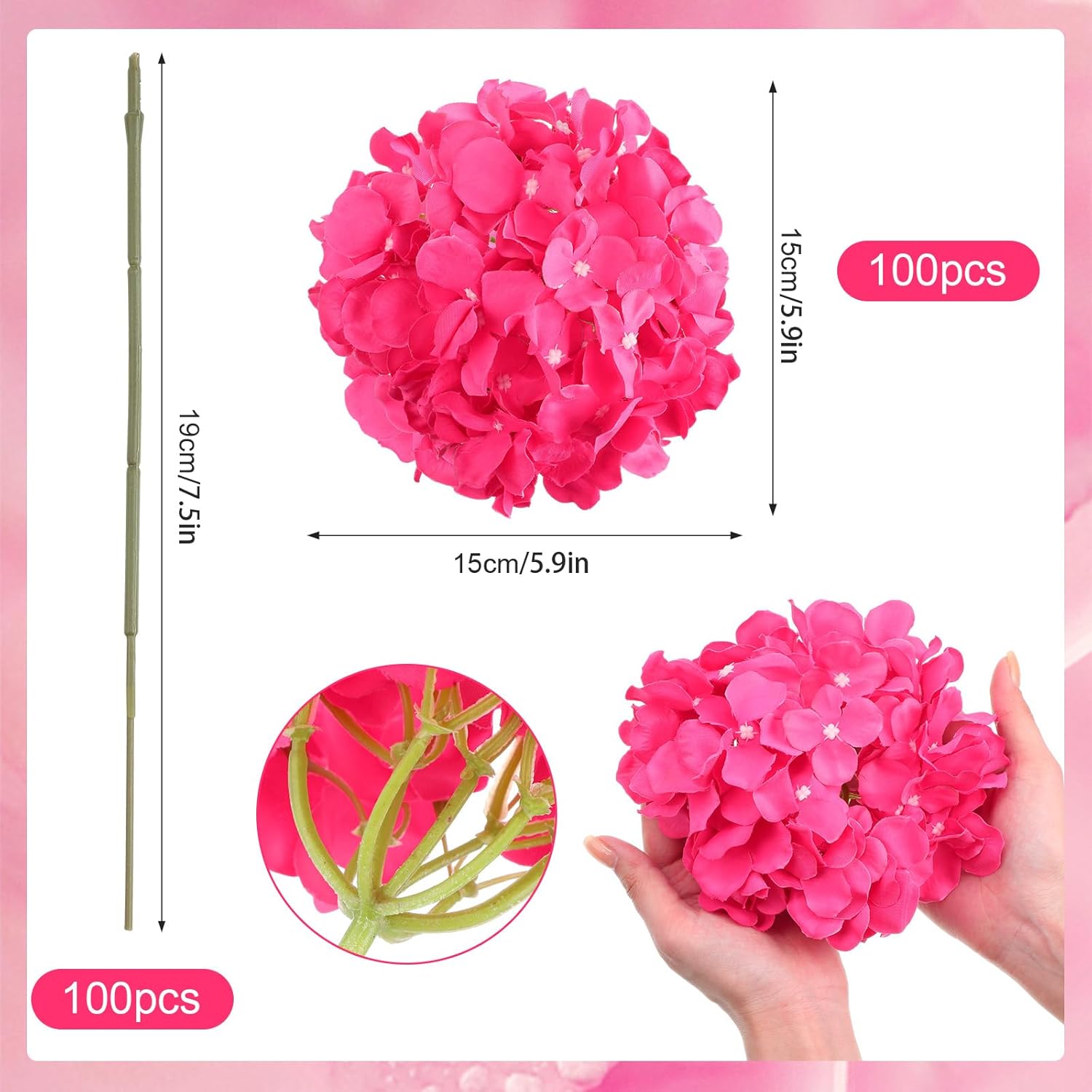 Yunsailing 100 Pcs Artificial Hydrangea Flowers Hydrangea Flower Heads with Stems Silk Faux Hydrangea Flowers for Wedding Centerpiece Fake Bouquet Home Indoor Garden Party Decoration (Rose Red) - Image 2