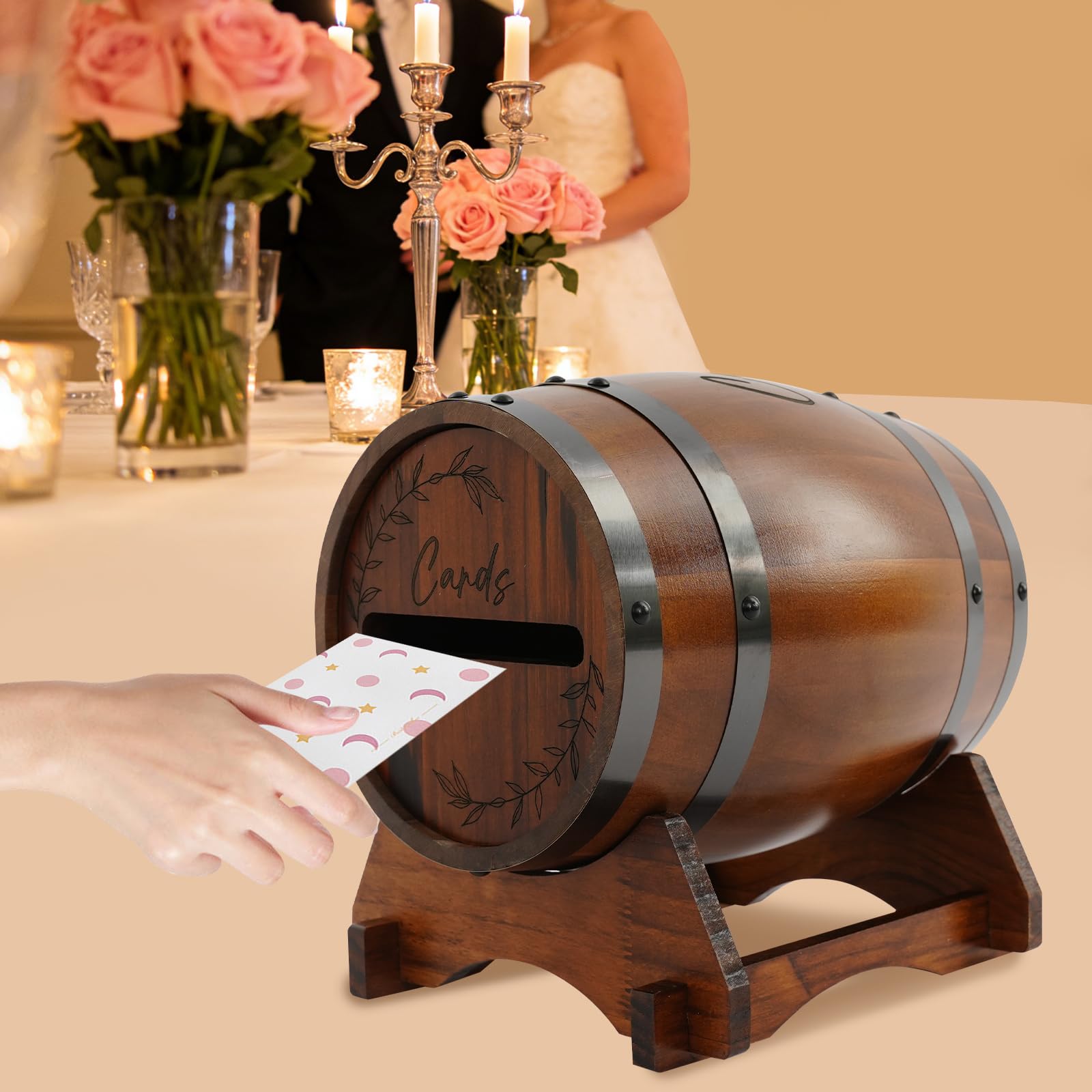 Scatola per biglietti di nozze a forma di barile in legno, stile vintage, stile rustico, per buste e messaggi, in legno di pino