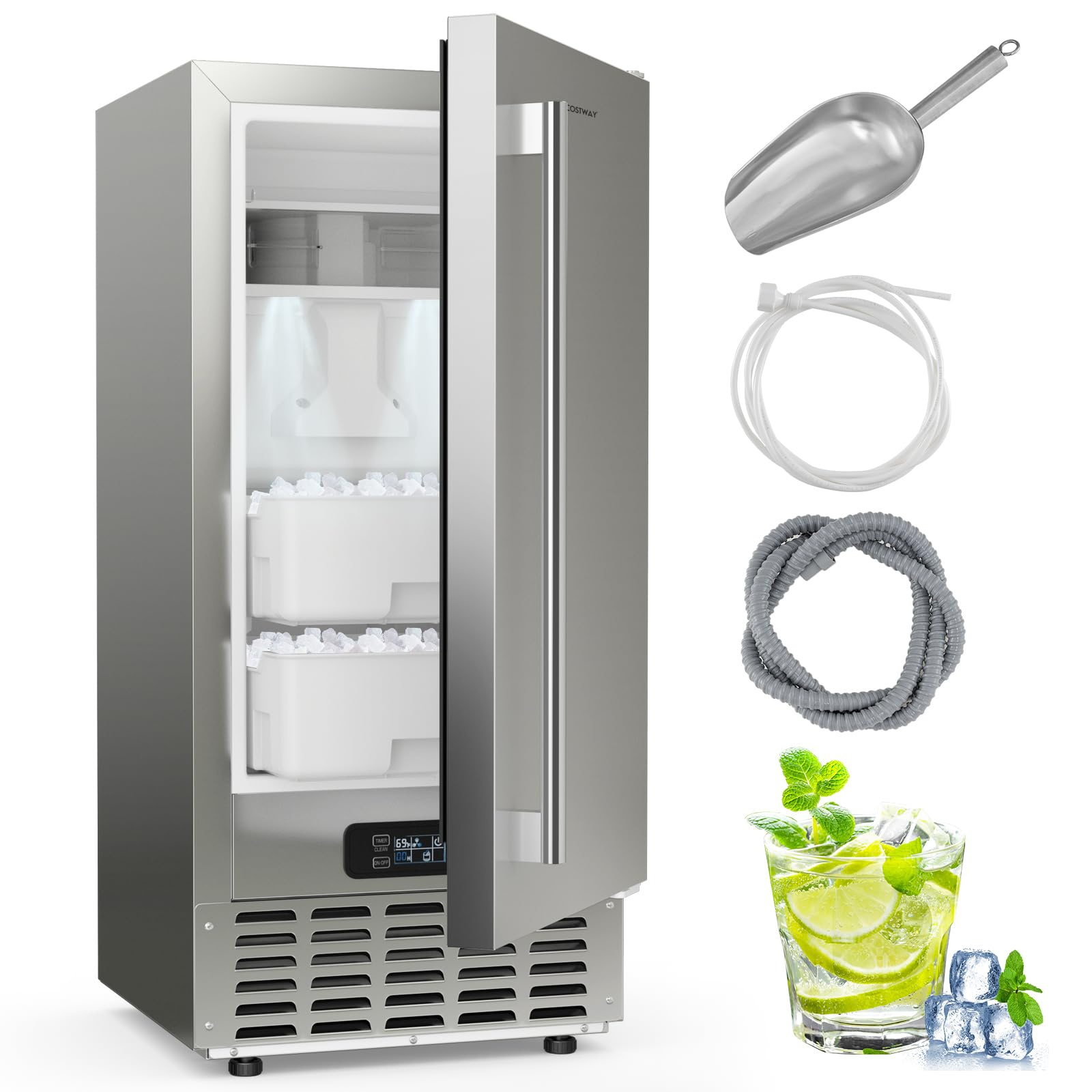 COSTWAY Under Counter Nugget Ice Maker, Built-in Ice Machine w/Self-Cleaning, LCD Control & 24H Timer, 80 lbs/Day, Freestanding Stainless Steel Ice Maker Machine for Commercial & Home Use