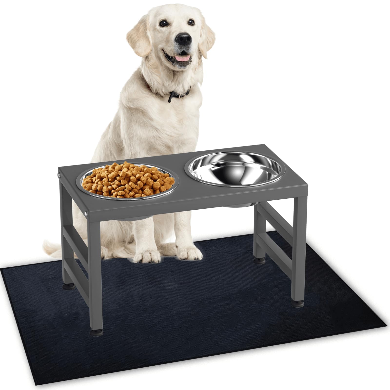 Photo 1 of ADENGL Metal Raised Dog Bowl, 10" Height Tall Elevate Dog Feeder Stand with 2 Stainless Steel 42oz Bowls & 16x24 Non-Slip Mat – Stronger Dogs Food & Water Bowl Stand (Grey)