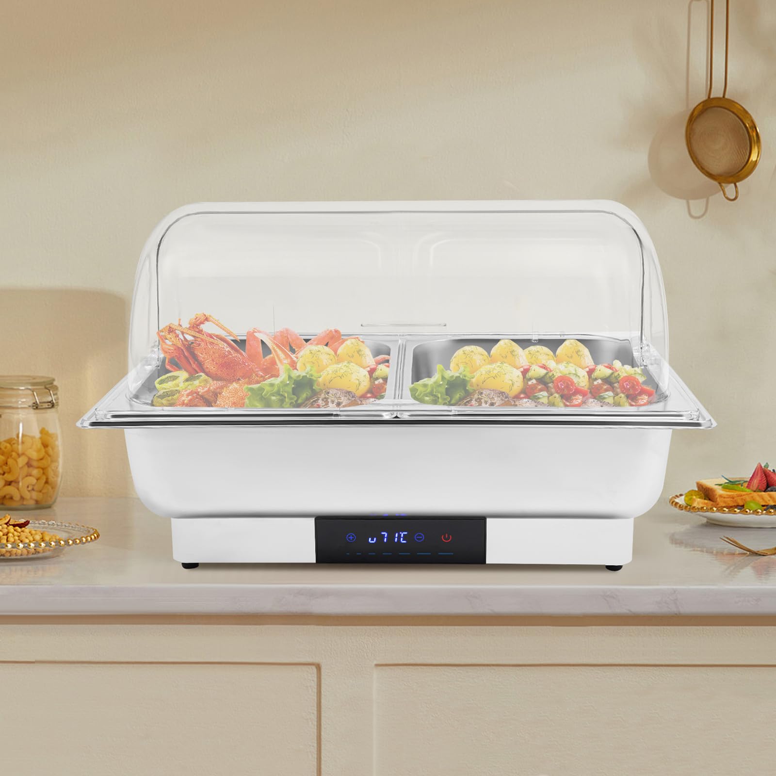 Scaldavivande elettrico da buffet, 600 W, display LED, 2 contenitori per alimenti, controllo digitale della temperatura con controllo touch, capacità totale 9 l, coperchio incluso, adatto per buffet