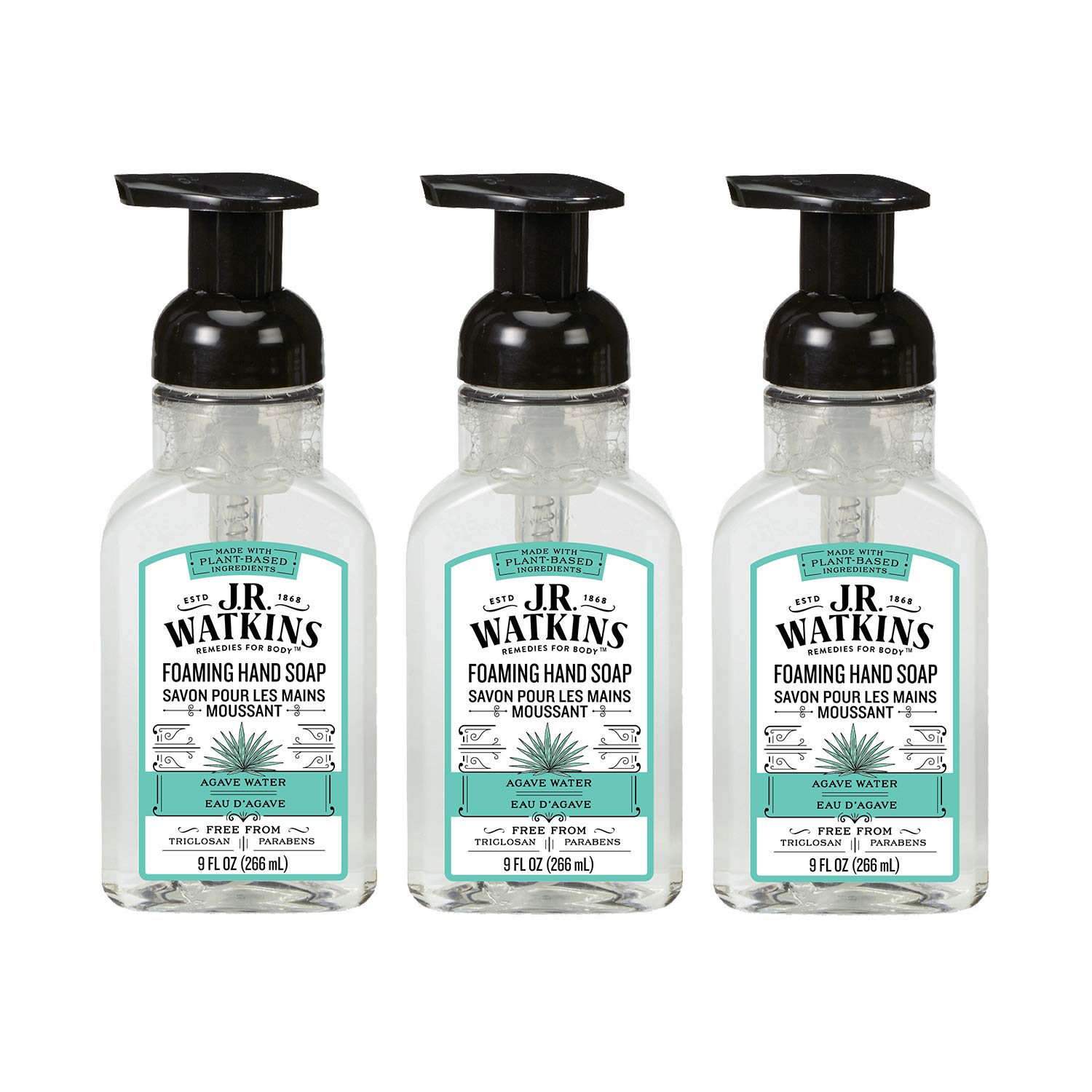 J.R. Watkins Foaming Hand Soap with Pump Dispenser, Moisturizing Foam Hand Wash, All Natural, Alcohol-Free, Cruelty-Free, USA Made, Agave Water, 9 fl oz, 3 Pack