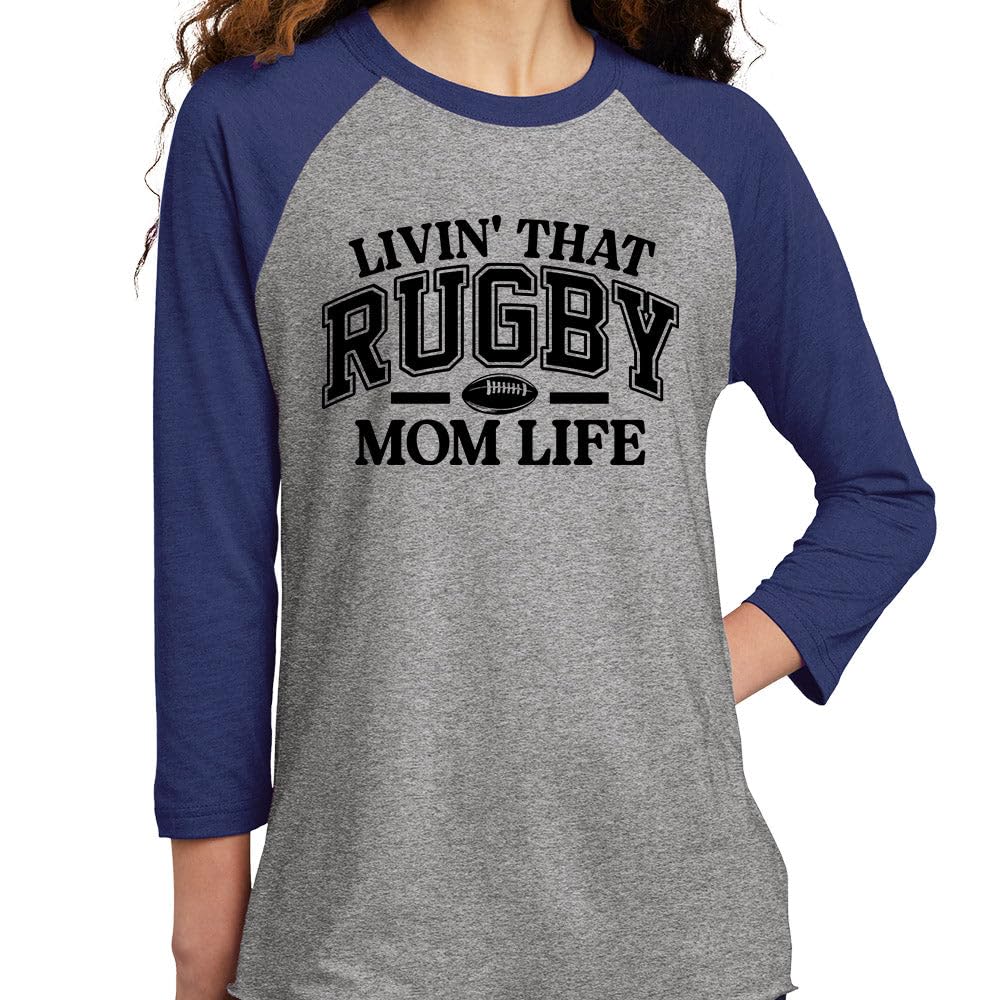 TeesAndTankYou Livin' That Rugby Mom Life Three-Quarter Raglan Sleeve Baseball Shirt Unisex Medium Grey/Navy