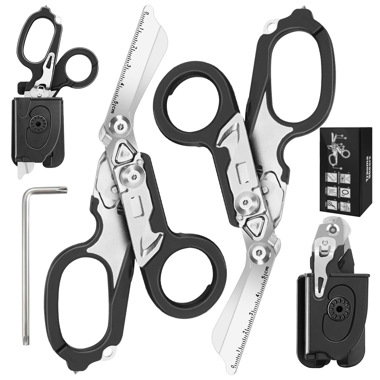 2er Pack 6-in-1 Trauma Schere mit Holster, Multifunktionale Rettungsschere mit Gurtschneider & Glasbrecher für Outdoor, Camping, Rettungsdienst, Erste Hilfe, Überlebenswerkzeuge - Schwarz