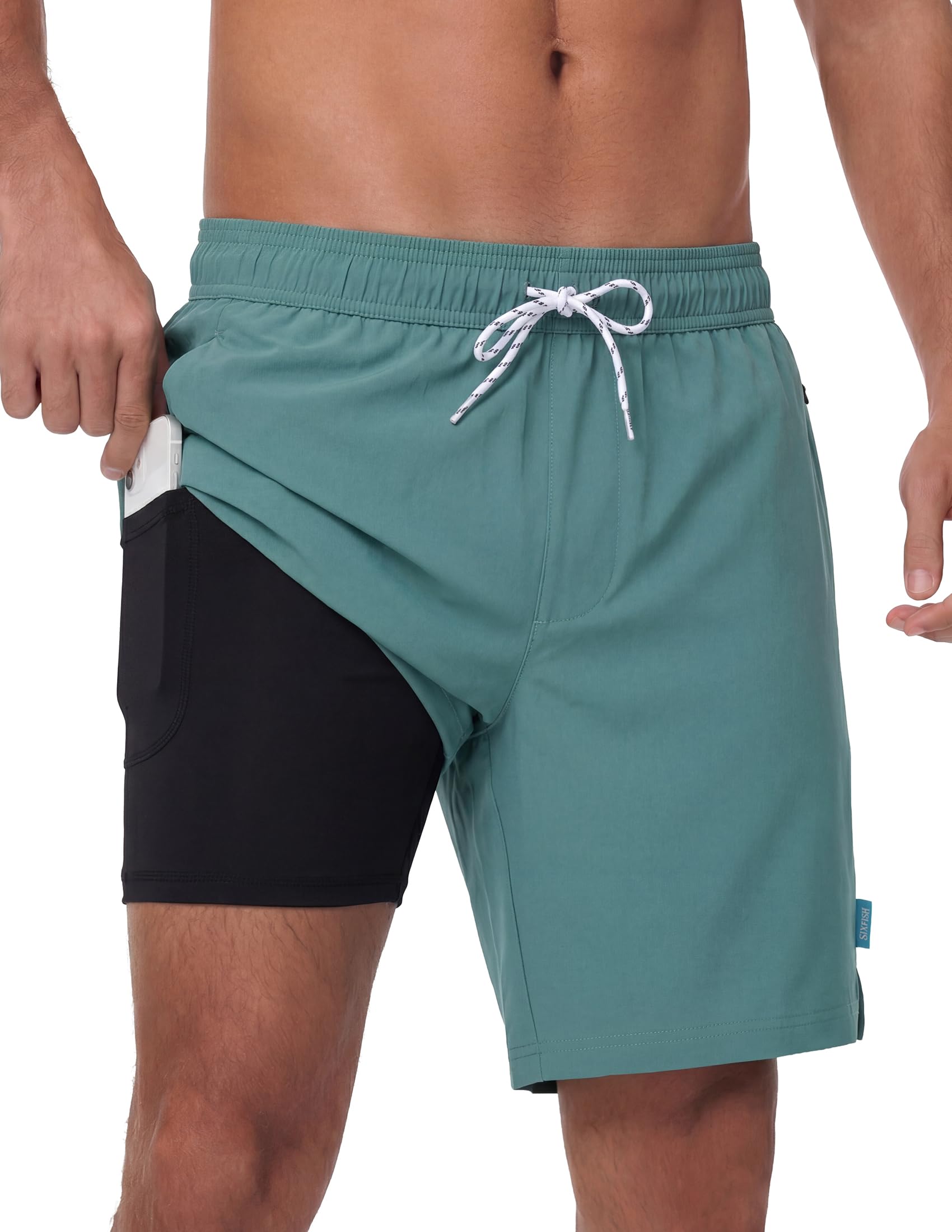 Sixfish Mens Swim Trunks 7 Inch Quick Dry Board Shorts with Pockets | Compression Liner,Zipper & Liner Pockets,Waterproof,Anti-Chafing,UV protection,Beach Shorts,Vacation,Bathing Suit,Swimsuit