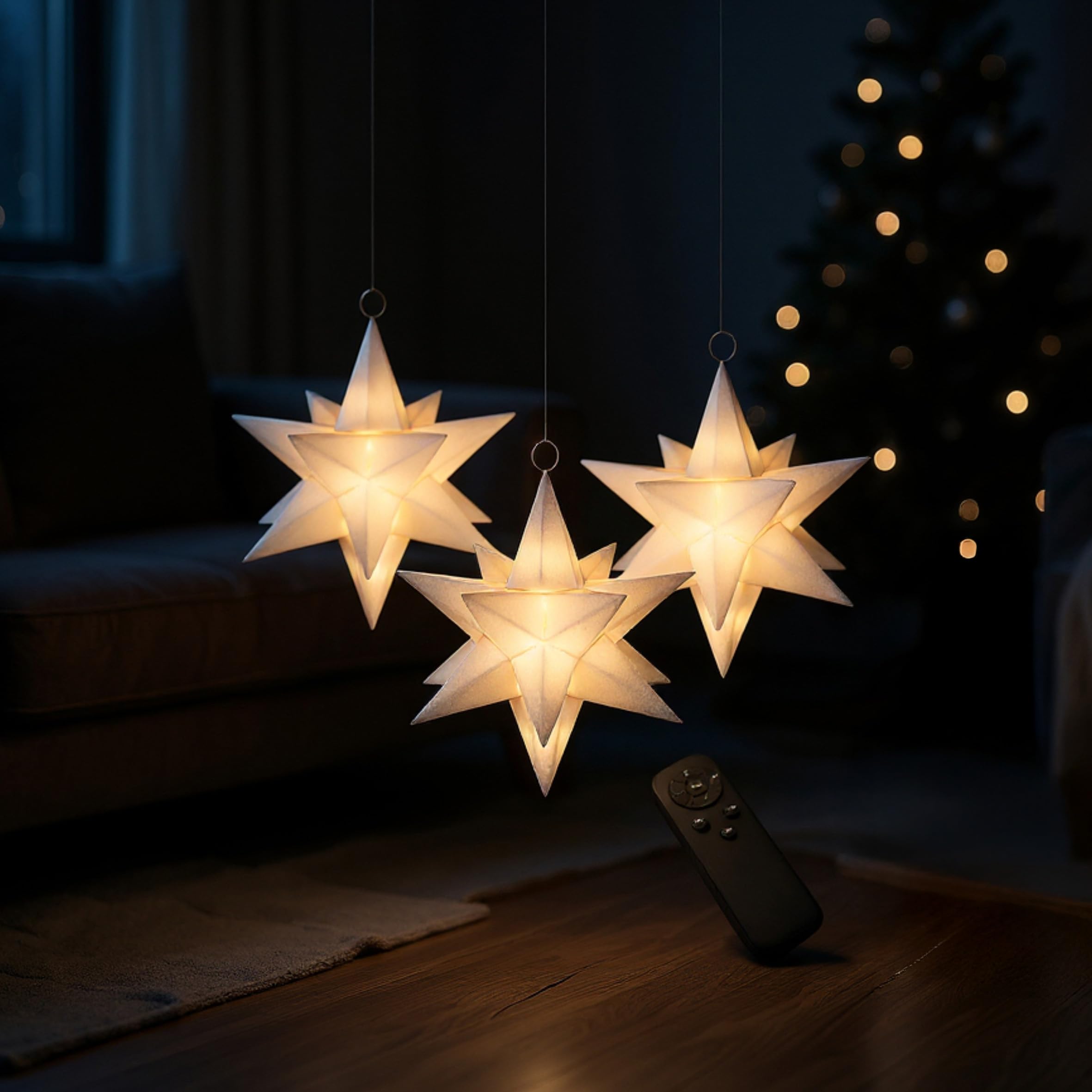 3D Leuchtstern 3er Set LED warm weiß mit Fernbedienung mit Timer - 13 cm - Schwebende Sterne mit Dimmer und multicolor Farbwechsel
