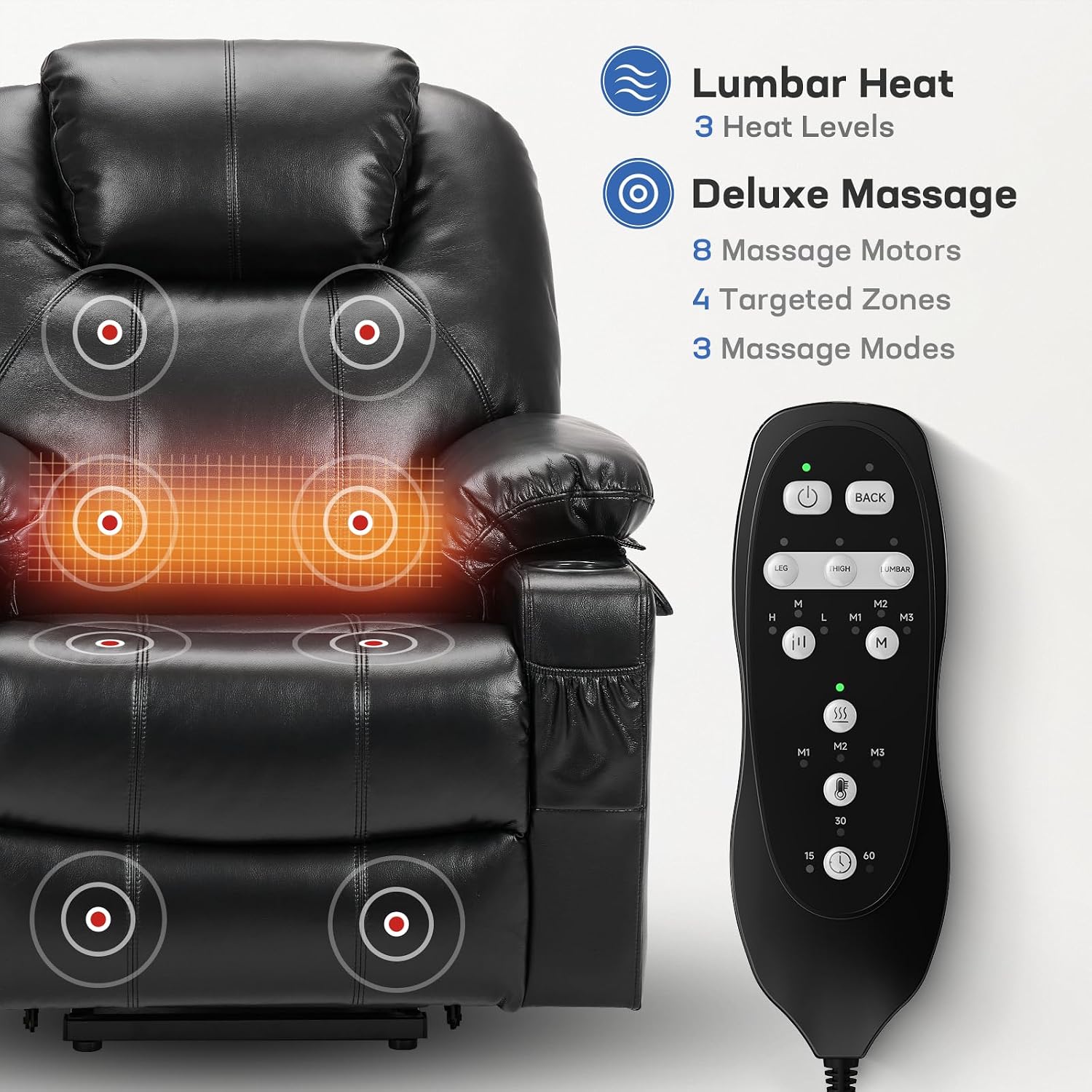 Tami Tami Dual Motor Power Lift Recliner Chair for Elderly with Massage and Heat, Electric Lift Chair for Adults with Extended Footrest, USB A&C, 2 Cup Holders (T6013 - Faux Leather, Black, Medium)