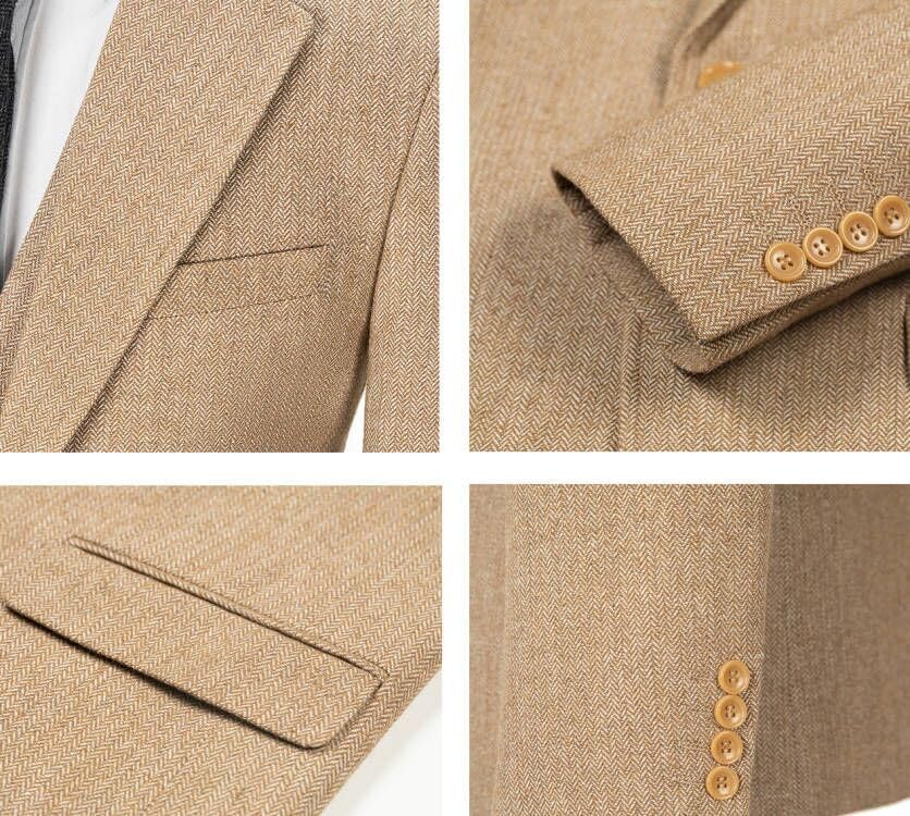 Mens Formal Tweed Wool 3 Piece Wedding Slim Fit Suit Prom Tuxedos Groomsmen - Image 4