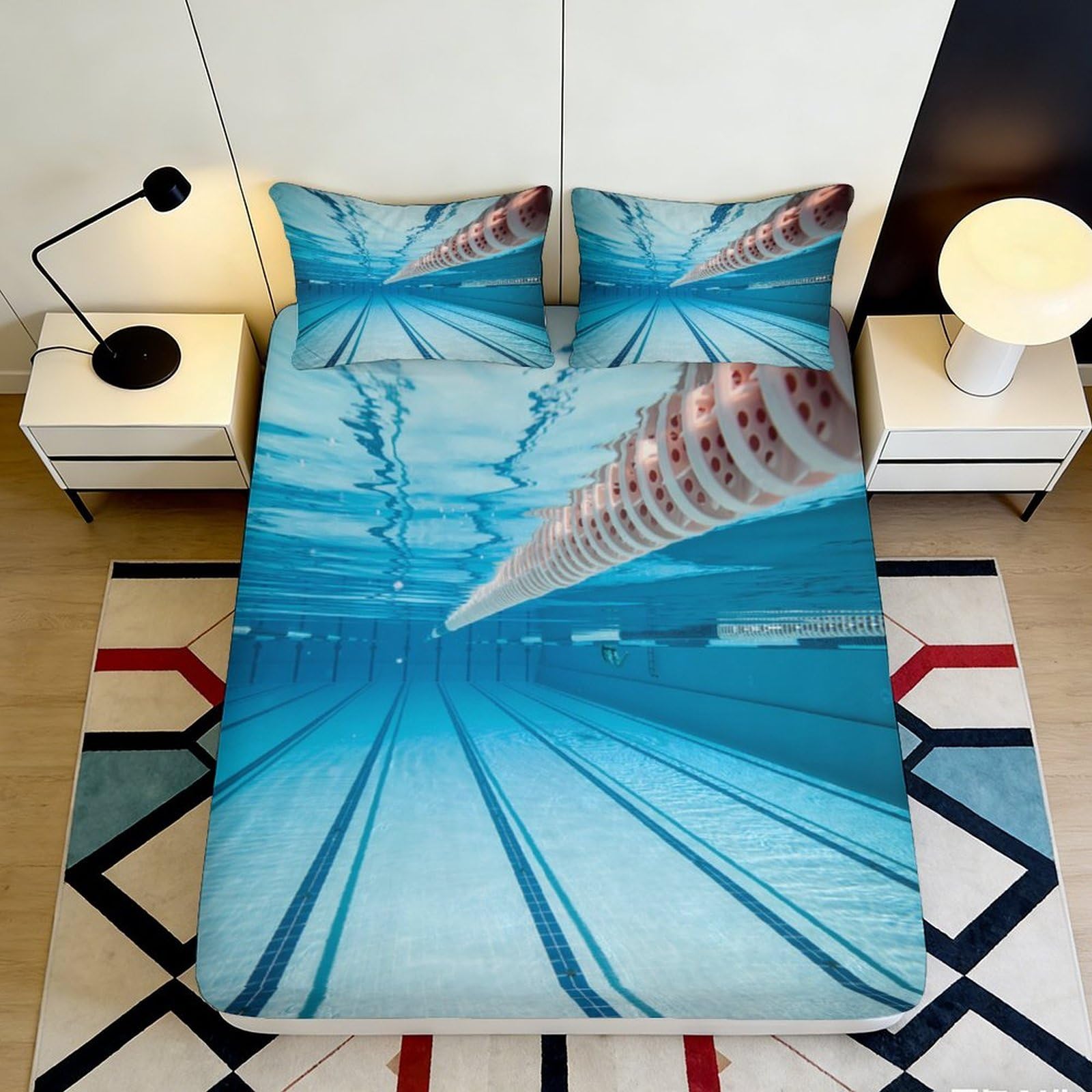 3D Printed Swimming Pool Fitted Sheet Microfiber Deep Pocket Non-Slip Bedding Set Swimming Pool Mattress Fitted Cover for Bedroom Home 90x200x25cm