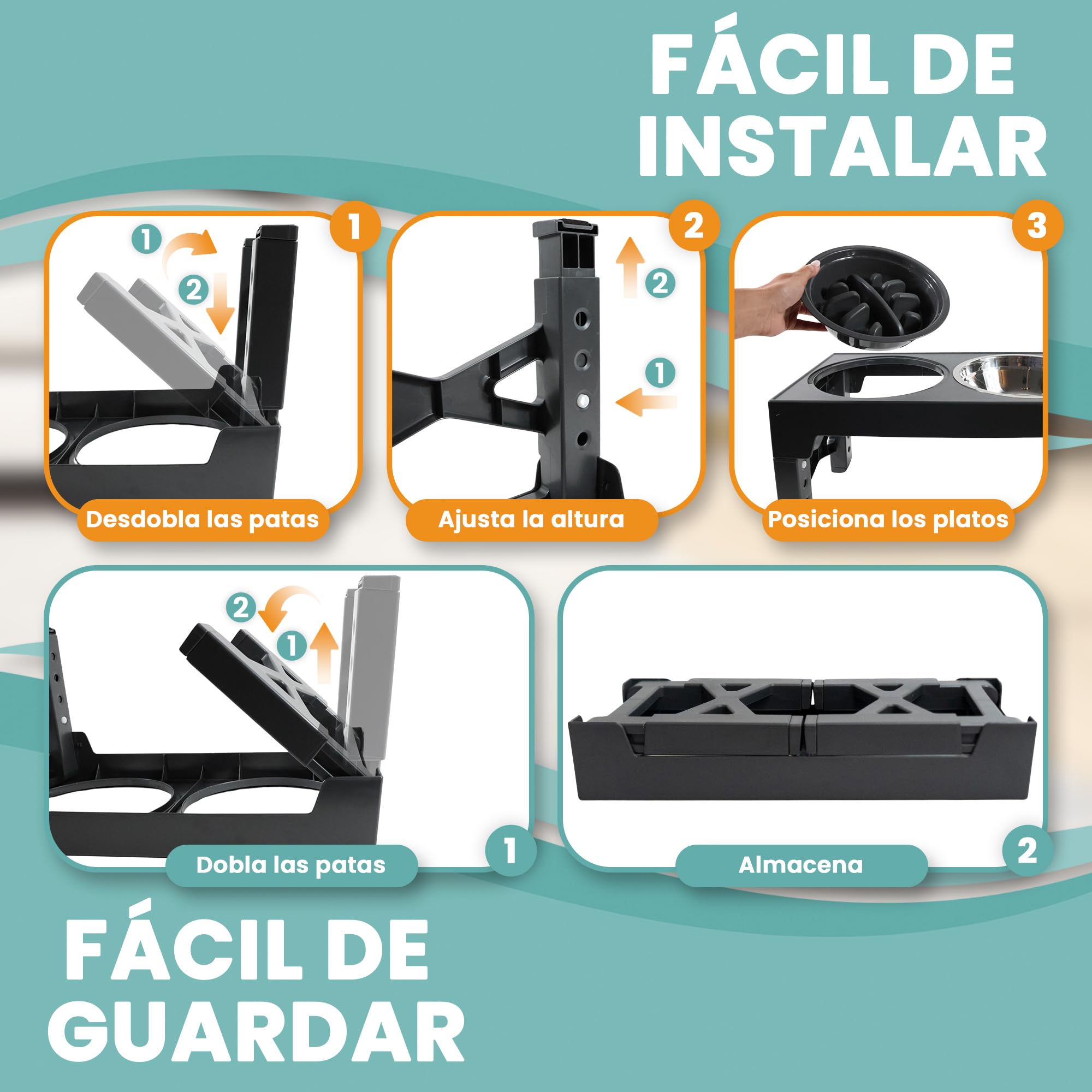 Comedero Perro Elevado de 5 Alturas Ajustables - Comedero Perro Antivoracidad 1x800 ml - Bebedero de Acero 2x1200ml. Cuencos Elevados para Perros Pequeños Medianos y Grandes + Botella Portátil