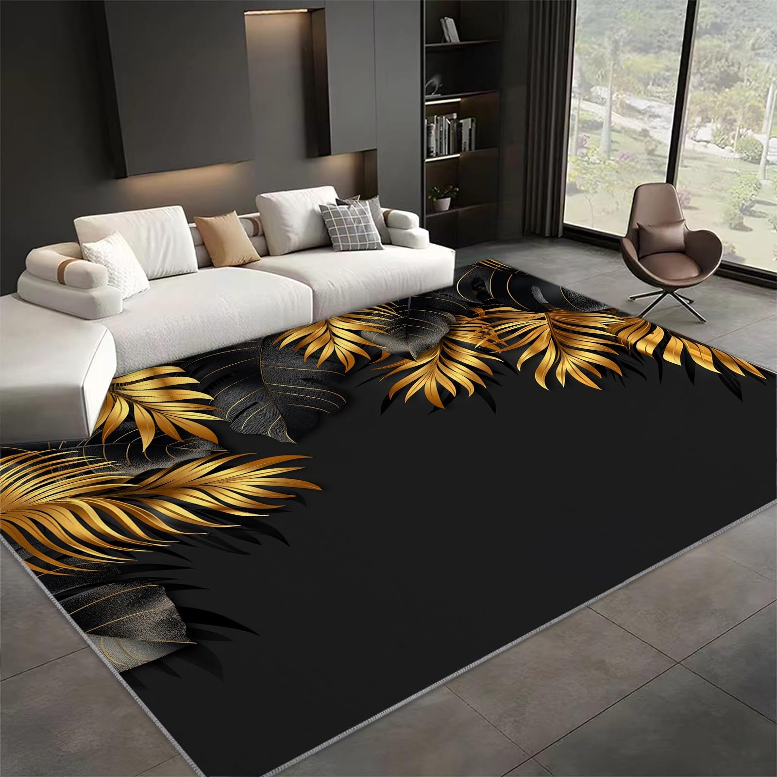 Tapis de salon lavable palmier noir et or pour une ambiance de chambre cosy