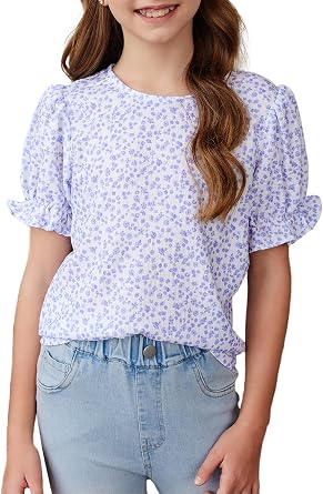 blibean Tween Girls Boho Floral Puff Sleeve Shirt Size 6-15 Years