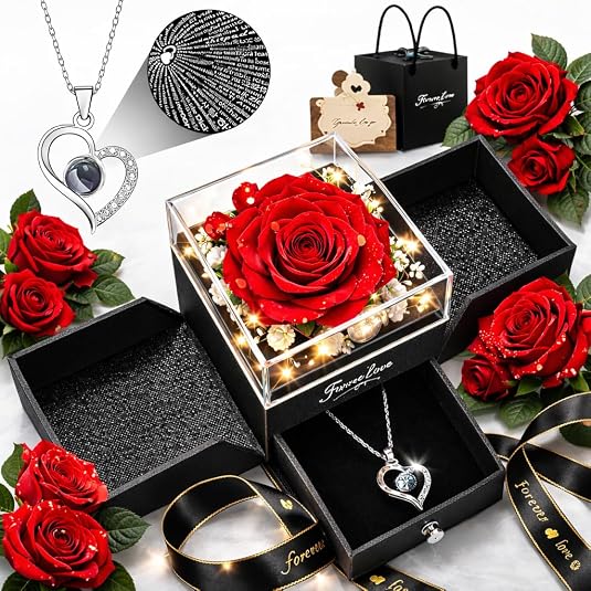Preserved Real Rose with Heart I Love You Necklace