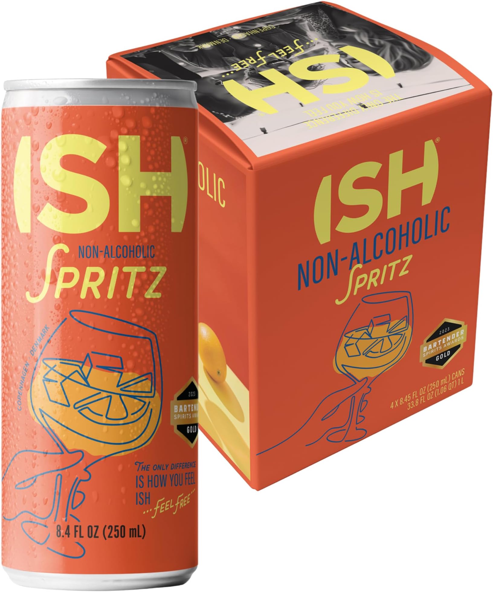 ISH Spritz, Non Alcoholic Aperol Canned Cocktail, Award Winning Non-Alcoholic Spirits, Gluten Free, Zero Proof Orange Bitters, Mocktail Drinks, Ready to Drink Cans, Mocktails for Party, 4 Pack