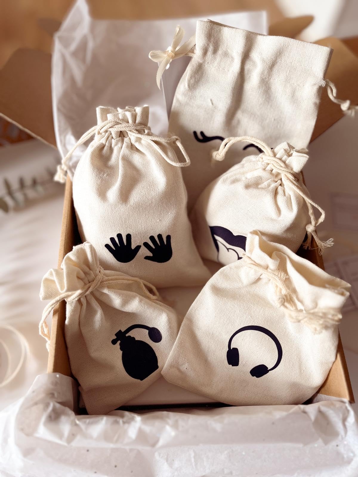 Caja Regalo de los 5 Sentidos con Saquitos de Algodón, Detalles Románticos Personalizados, Set de Regalo para Parejas