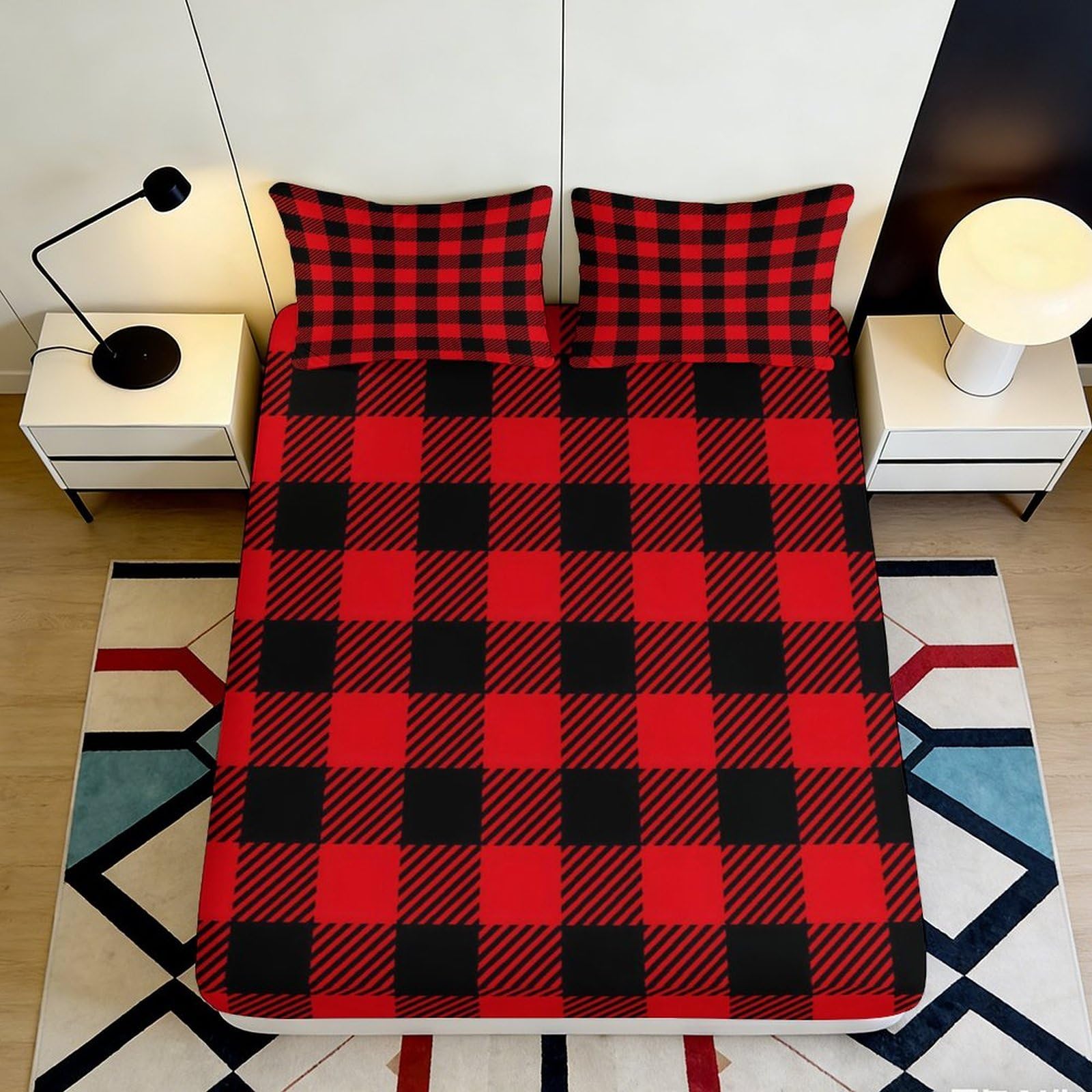 Pnayamiorkfel Style-8 3D Printed Red Black Plaid Fitted Sheet Microfiber Soft Non Slip Buffalo Check Bed Cover For Bedroom Guest Room 90X200x25cm