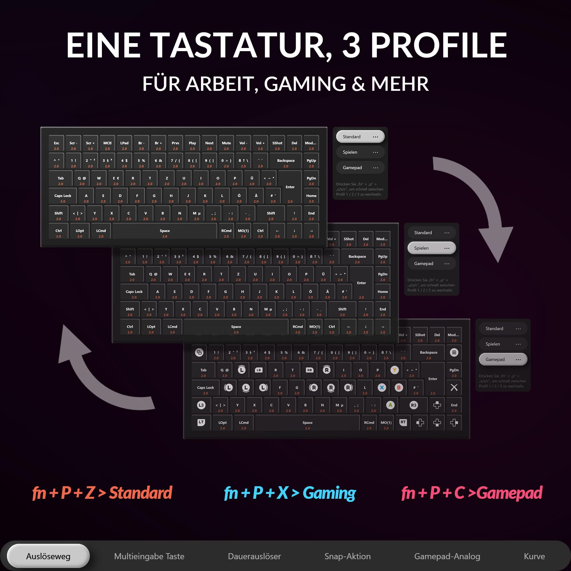 Keychron K2 HE Wireless-Tastatur, 75% DE-ISO-Layout, 2,4 GHz/Bluetooth 5.2, Gamer-Tastatur Magnetic Dual-Track Gateon Nebel für Mac/Windows, Sonderedition - Schwarz