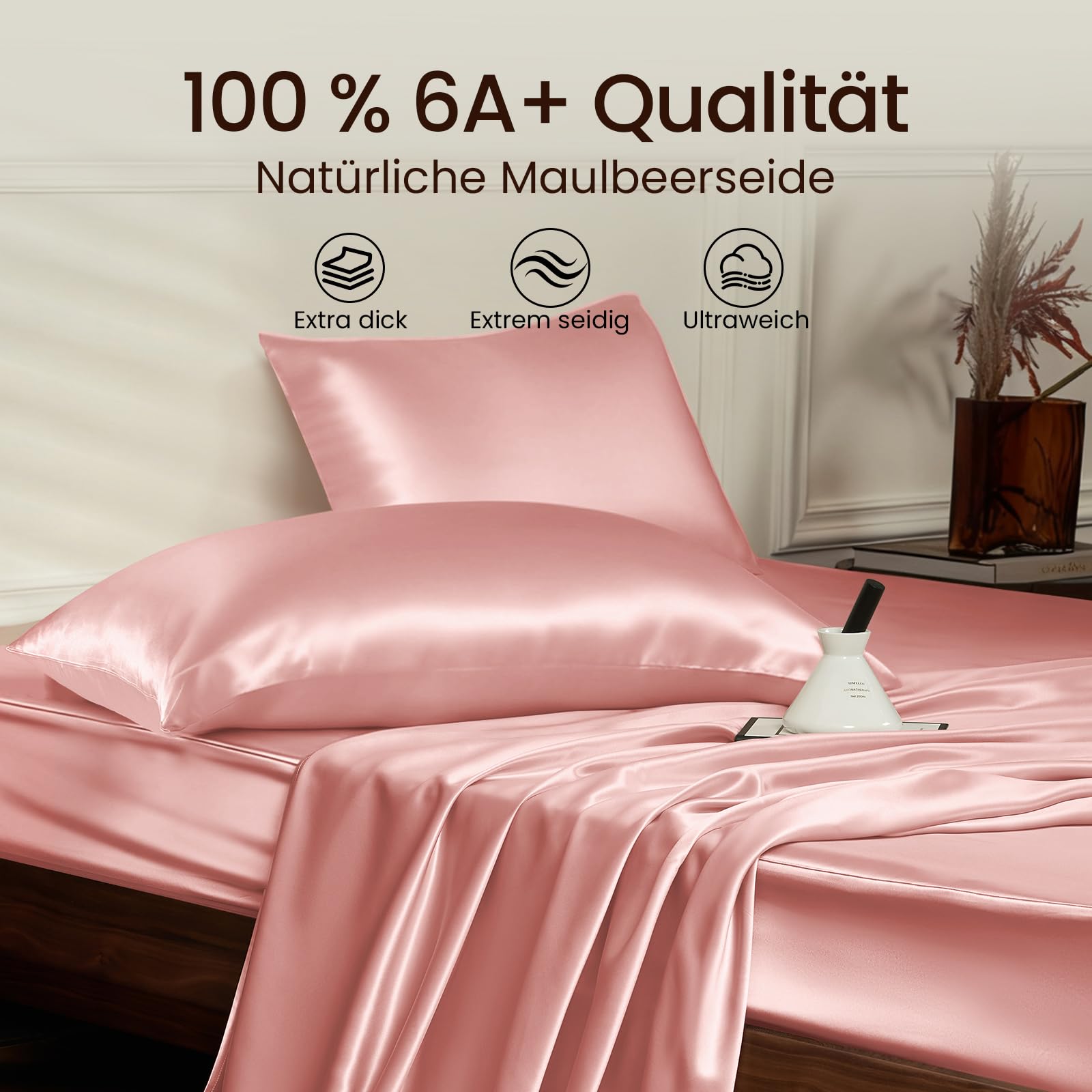 THXSILK Funda de almohada de seda de 25 mommes para cabello y piel, funda de almohada de seda de morera, hipoalergénica con cremallera oculta, seda pura en ambos lados… (Encantador rosa, 40 x 80 cm)
