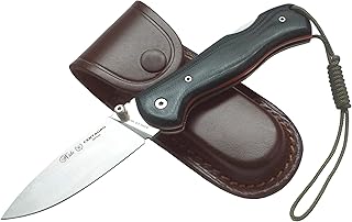 MIGUEL NIETO Navaja Centauro R-09-G10F, con hoja en acero inoxidable Böhler N695co de 8 cm. y empuñadura en G10, Hueco con cordón fiador incluido, Con Funda de Cuero color marrón