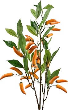 Small Artificial Chilli Pepper Plant Stems with Green Leaves and Orange Pods, Faux Branches for Vase Bouquets Home Office Decor, 1 Piece