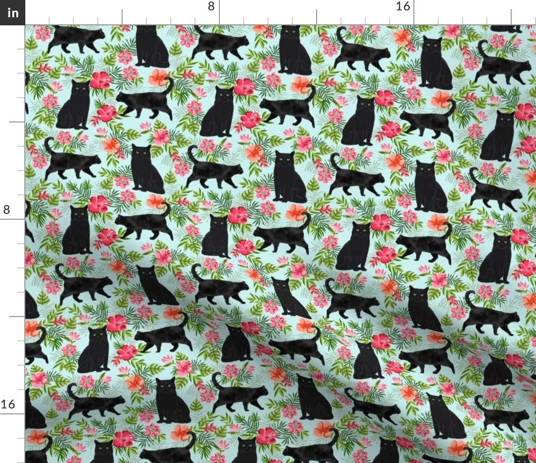 Spoonflower Fabric - Black Cat Tropical Palms Summer Hawaiian Print Light Blue Cats Hawaii Printed on Petal Signature Cotton Fabric by The Yard - Sewing Quilting Apparel Crafts Decor