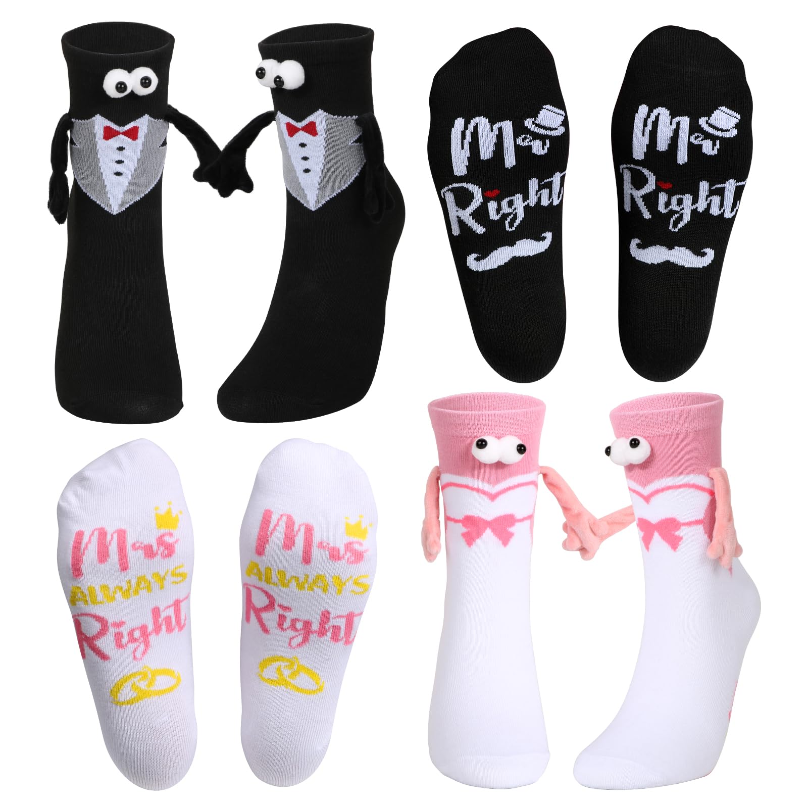 Doorio Unisex Mr & Mrs 2 Pairs Wedding Socks Funny Bride And Groom Holding Hands Socks Magnetic Couple Socks Wedding Gifts For Bride And Groom Couple Newlyweds