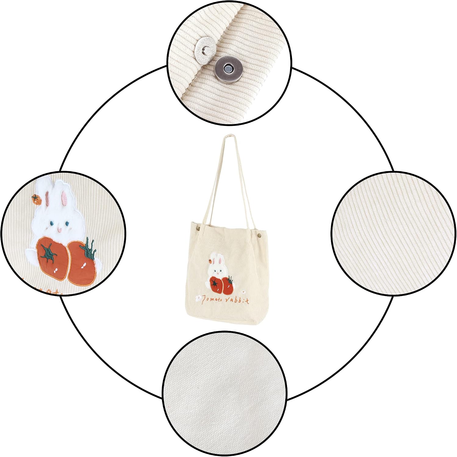 Aisi Corduroy Totes Bag Women Ladies Corduroy Shoulder Bag Cute Cartoon Embroidery Casual Shoulder Tote