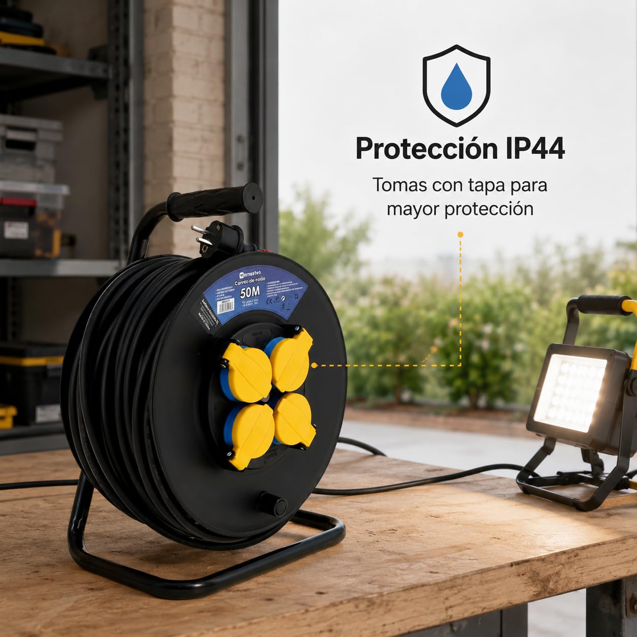 M mimotec - Avvolgicavo da Esterno 50m IP44 4 Prese 3200W 16A, Cavo H05RR-F 3G1,5 mm², Protezione Bambini, Ideale per Giardino, Cantiere e Officina