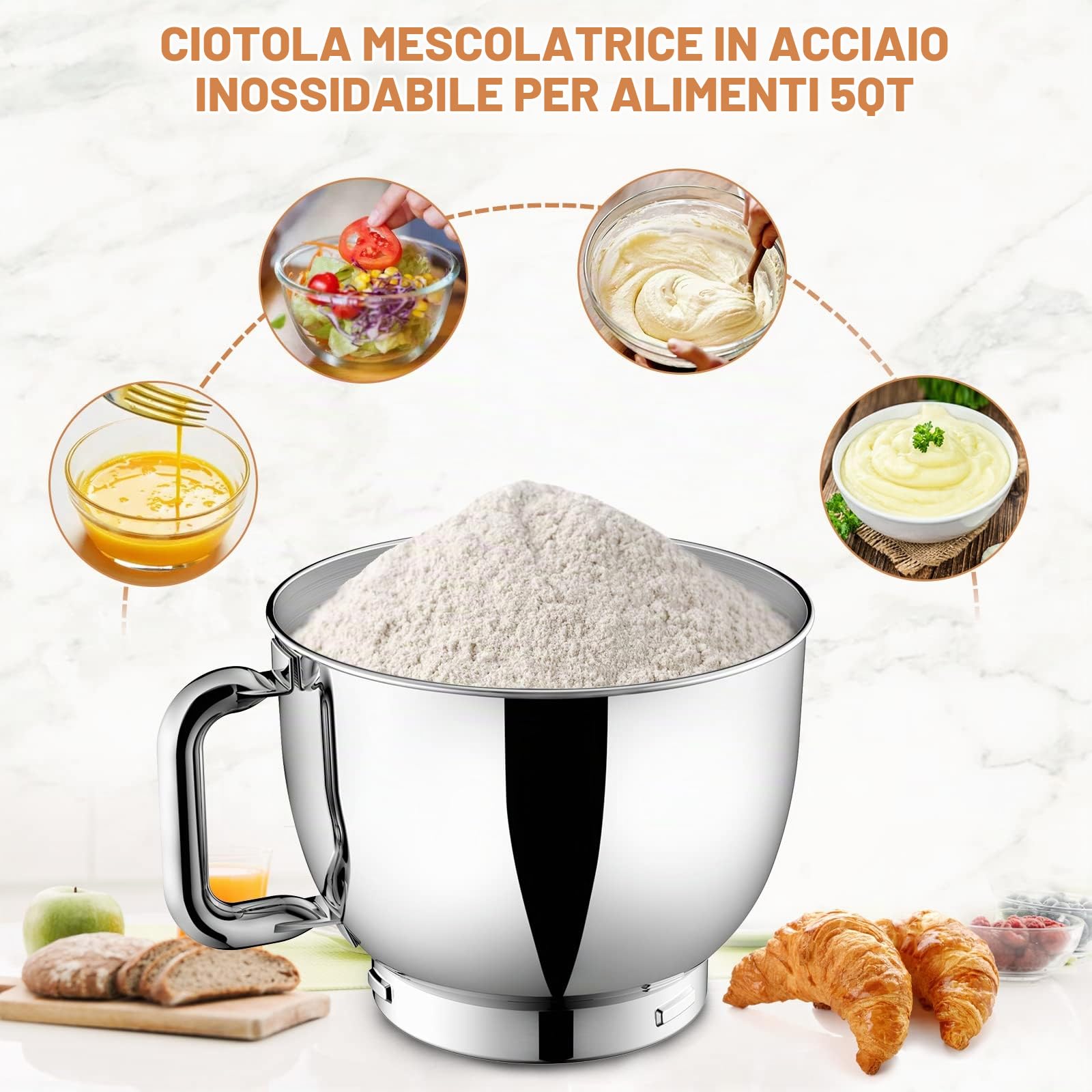 Impastatrice Planetaria, Vospeed 1000W 5QT Robot da Cucina con Frusta, Gancio per Impastare, Frusta per Dolci, Ciotola di Acciaio Inossidabile, Coperchio Paraspruzzi (Nero)