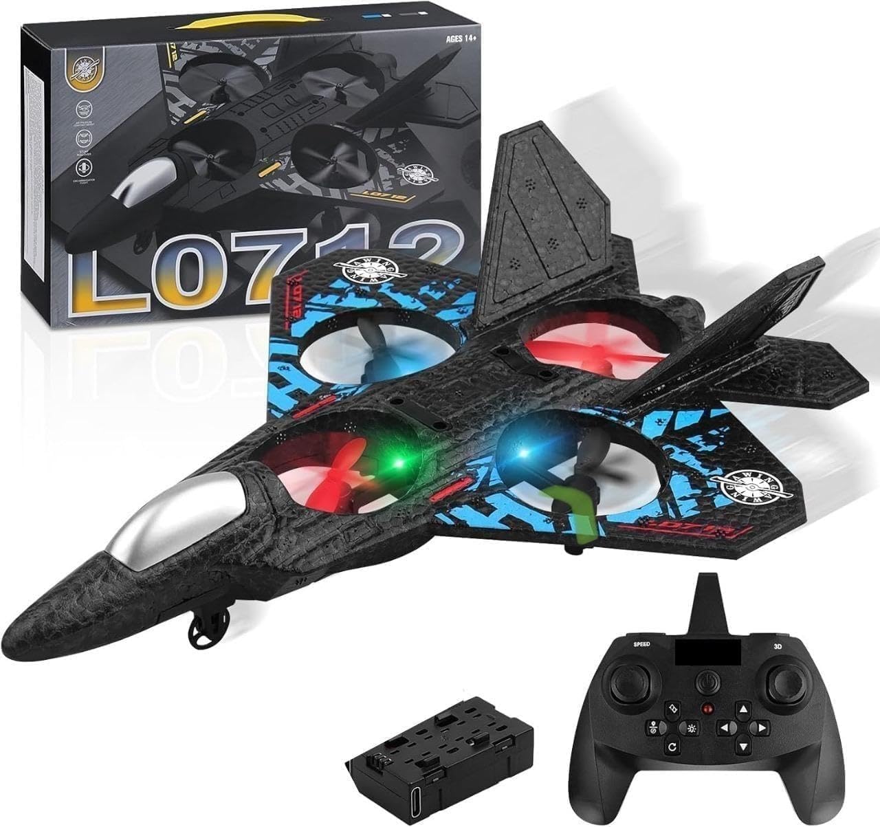 Jet Fighter Stunt RC Airplane - 2.4GHz 2 Channel Remote Control Airplane With 360° Stunt Spin Remote & Light, Aero Jet Control Remoto, Christmas Gifts For Adults Kids (Blue)