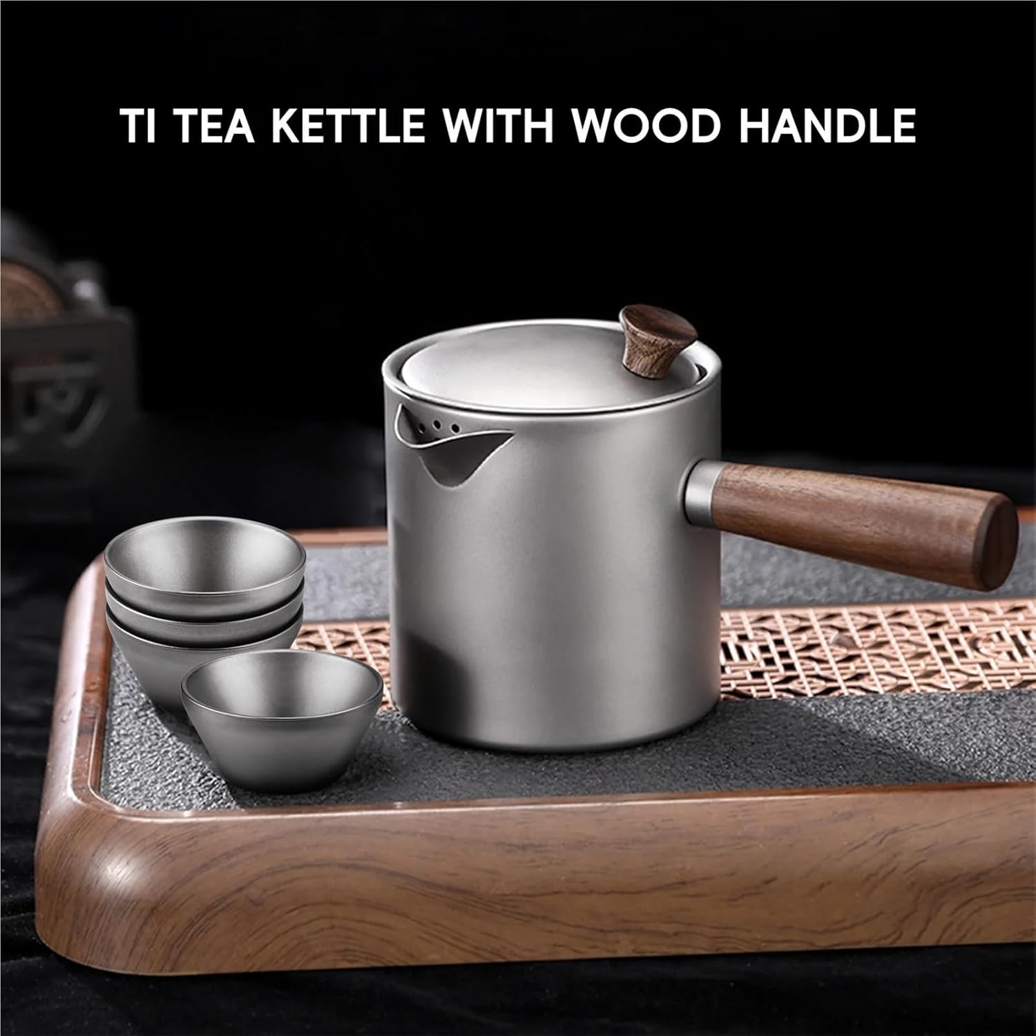 Titanium Camping Kettle, Wood Handle Teapot with Fine Mesh Filter - Portable Lightweight Outdoor Coffee Pot