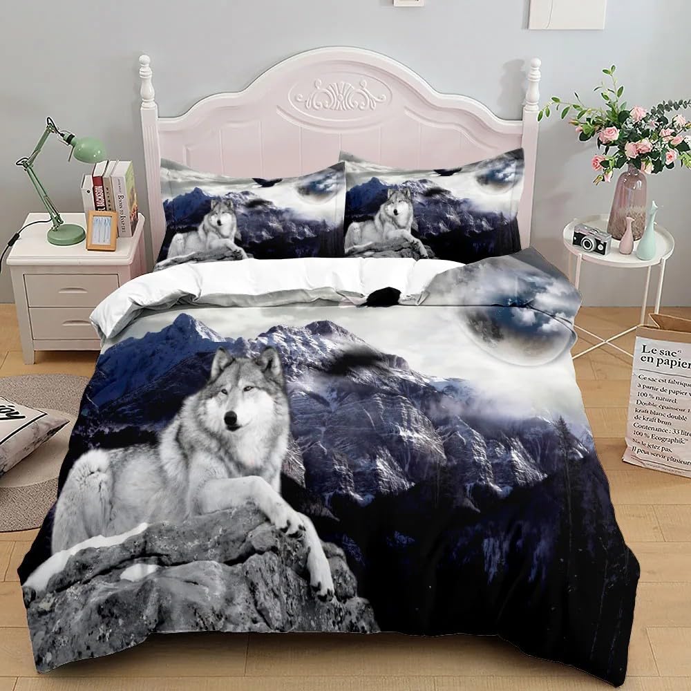 Exsanlieay Mountain Top Double Duvet Cover Set Wolf Bedding Premium Brushed Microfibre, With Zipper Closure Soft Comfortable Includes 2 Pillowcases 50X75 Cm