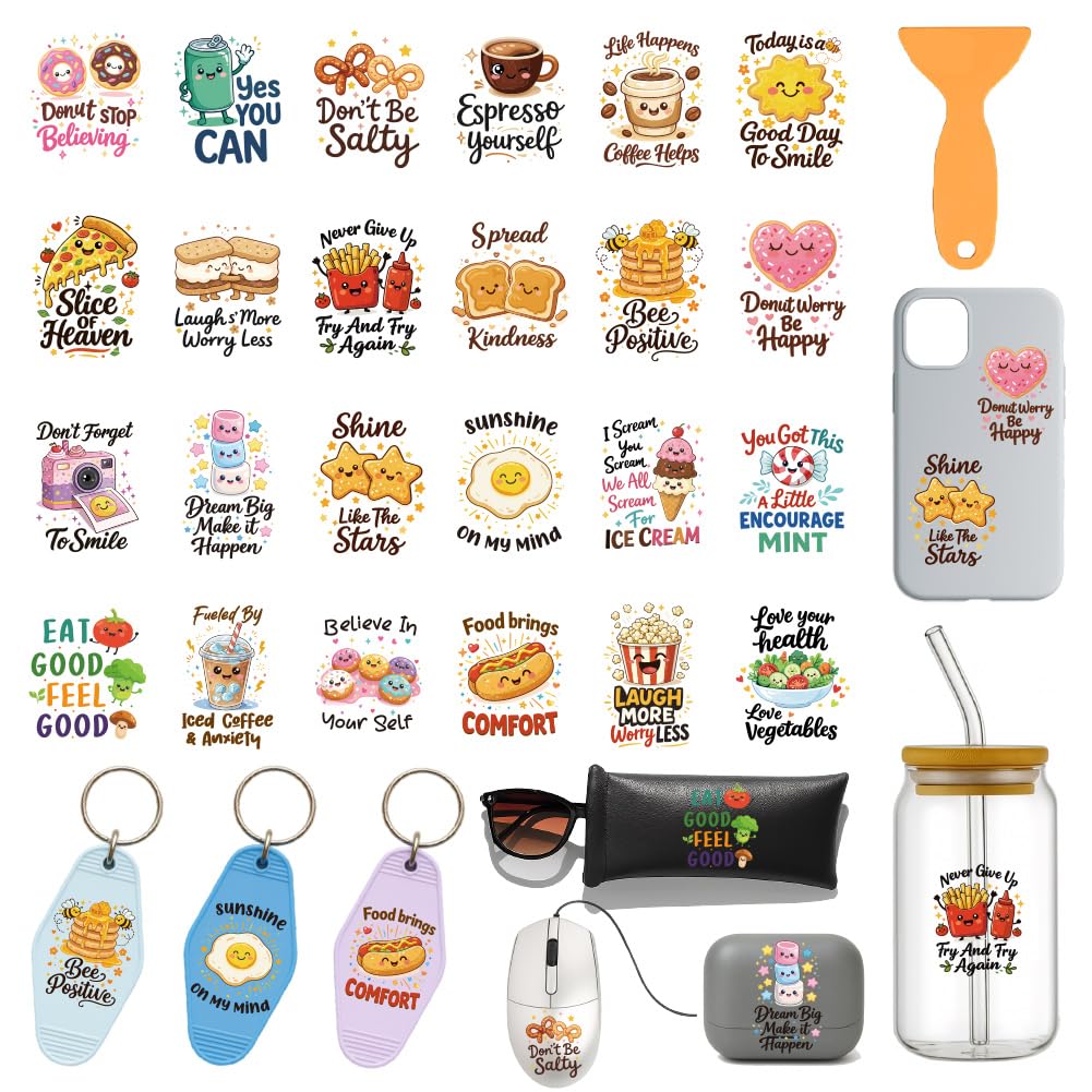 GOMAKERER 120 Pcs Food Keychain Stickers, 10 Sheets Funny Motivational UV DTF Transfer Stickers Waterproof Rub on Transfer Stickers for Keychain Packaging Card Journal Furniture Decorations — image 1