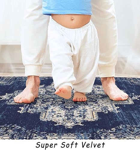 Miniatura 4 de Vivorug Alfombra de área de 5 x 7, resistente a las manchas, lavable para sala de estar, alfombra de inspiración vintage (azul marinoazul, 5 x 7