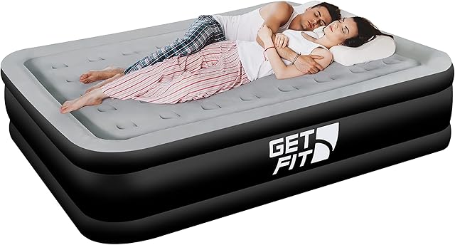 Get Fit Air Bed with Built In Electric Pump - Premium King Size - Blow Up Bed with 2 x Free Pillows - Elevated Inflatable Air Mattress for Outdoor, Camping, Tents - Black/Grey