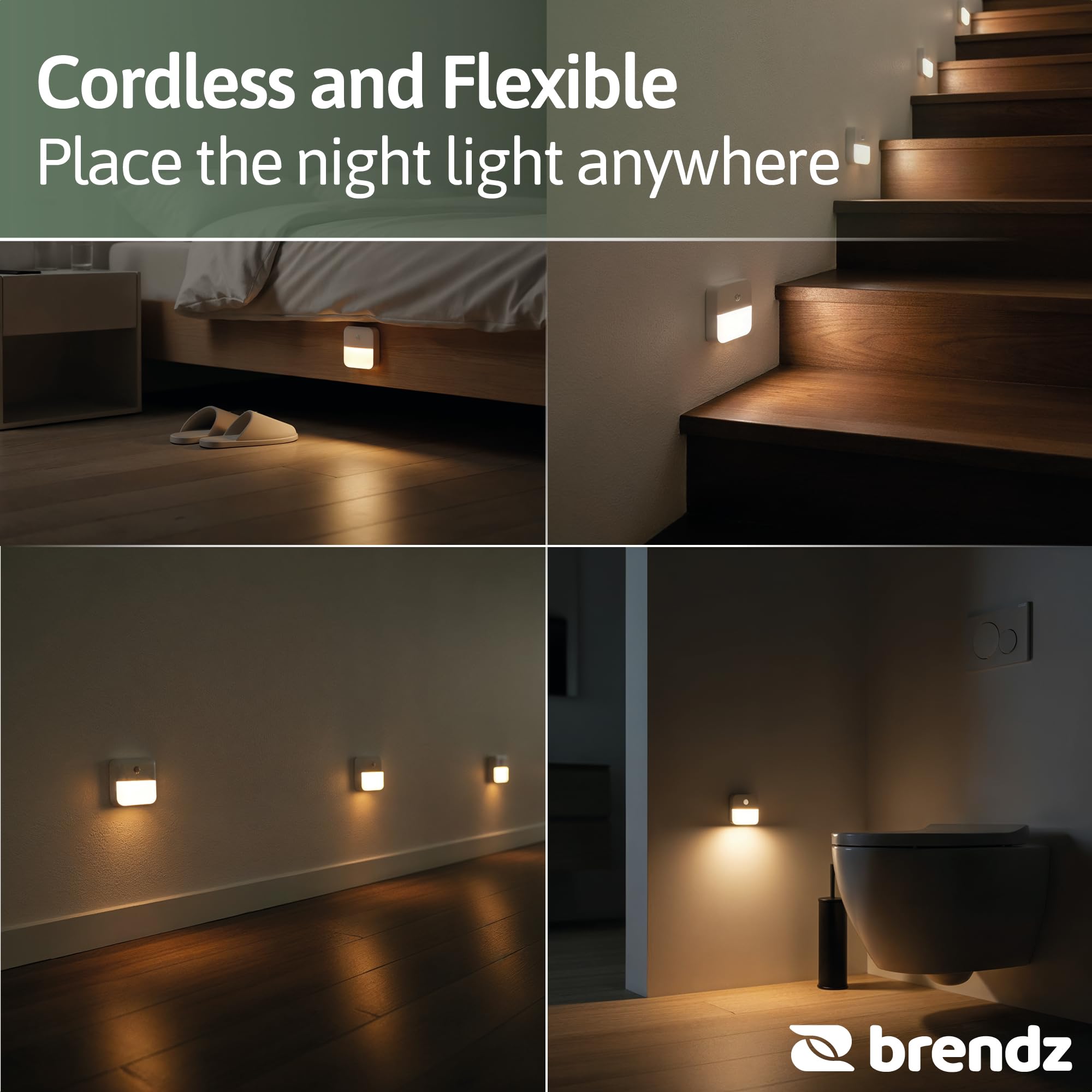 Brendz Veilleuse LED pour escalier avec détecteur de mouvement, USB-C rechargeable, magnétique, blanc chaud 3000K, éclairage d'armoire sans fil, veilleuse, éclairage d'escalier, Inuk, pack de 4