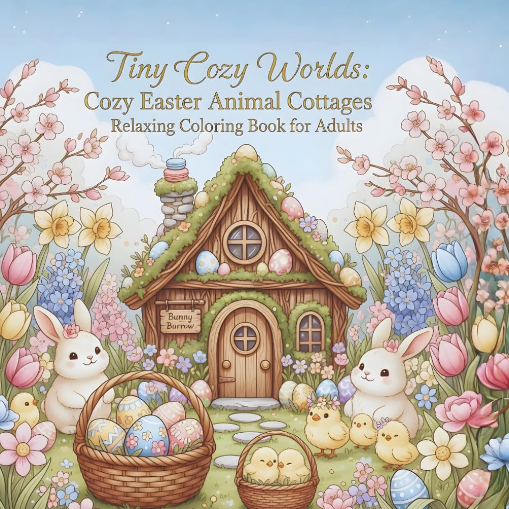 Tiny Cozy Worlds: Cozy Easter Animal Cottages: A Relaxing Coloring Book for Adults and Older Kids Featuring Cute Animals, Cozy Homes & Springtime Scenes (Tiny Worlds to Color)