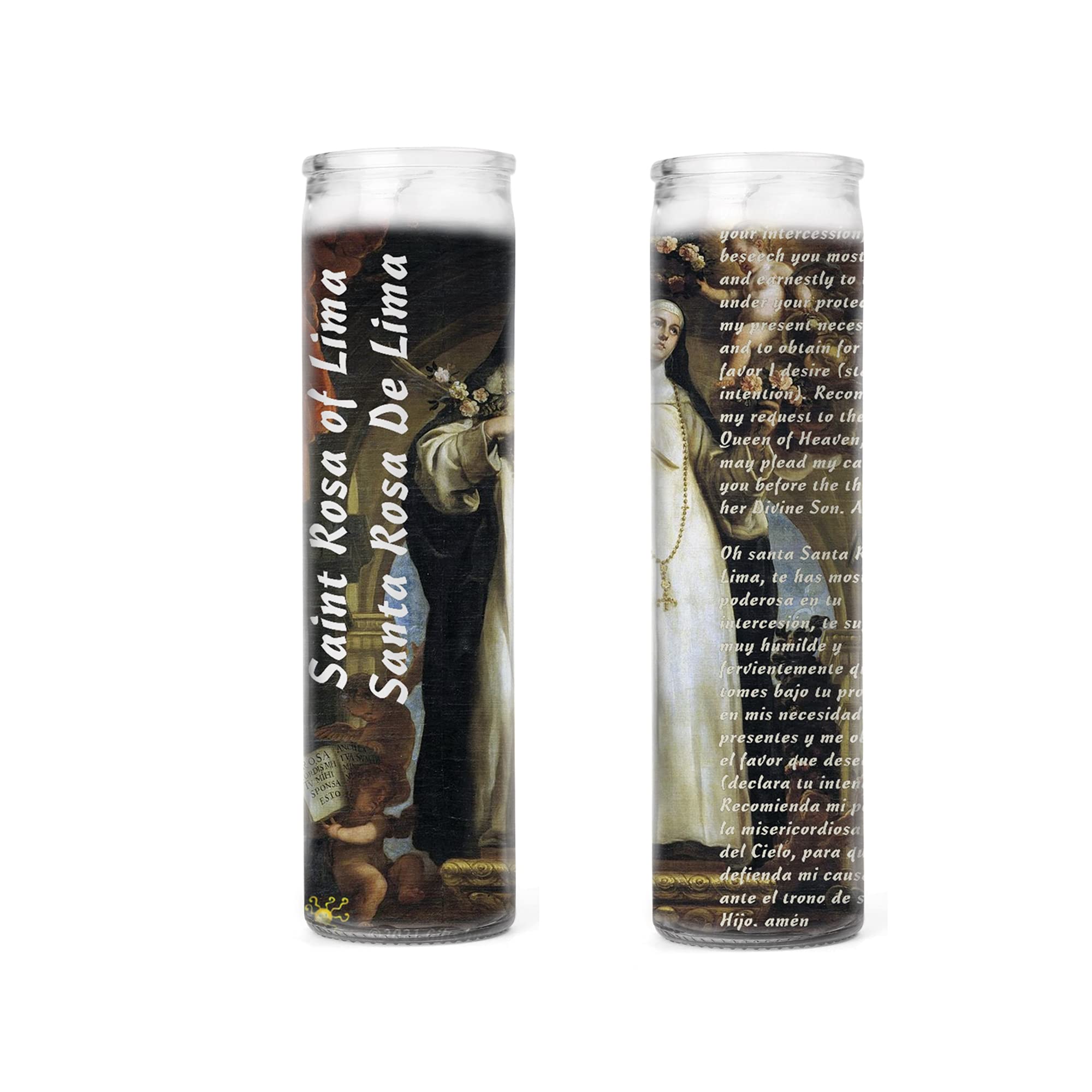 Saint Rose of Lima Rosa de Lima Blessed Prayer Card Medal and Set of Two 2 or Four 4 Glass Candles Your Choice (CANDLES 2)