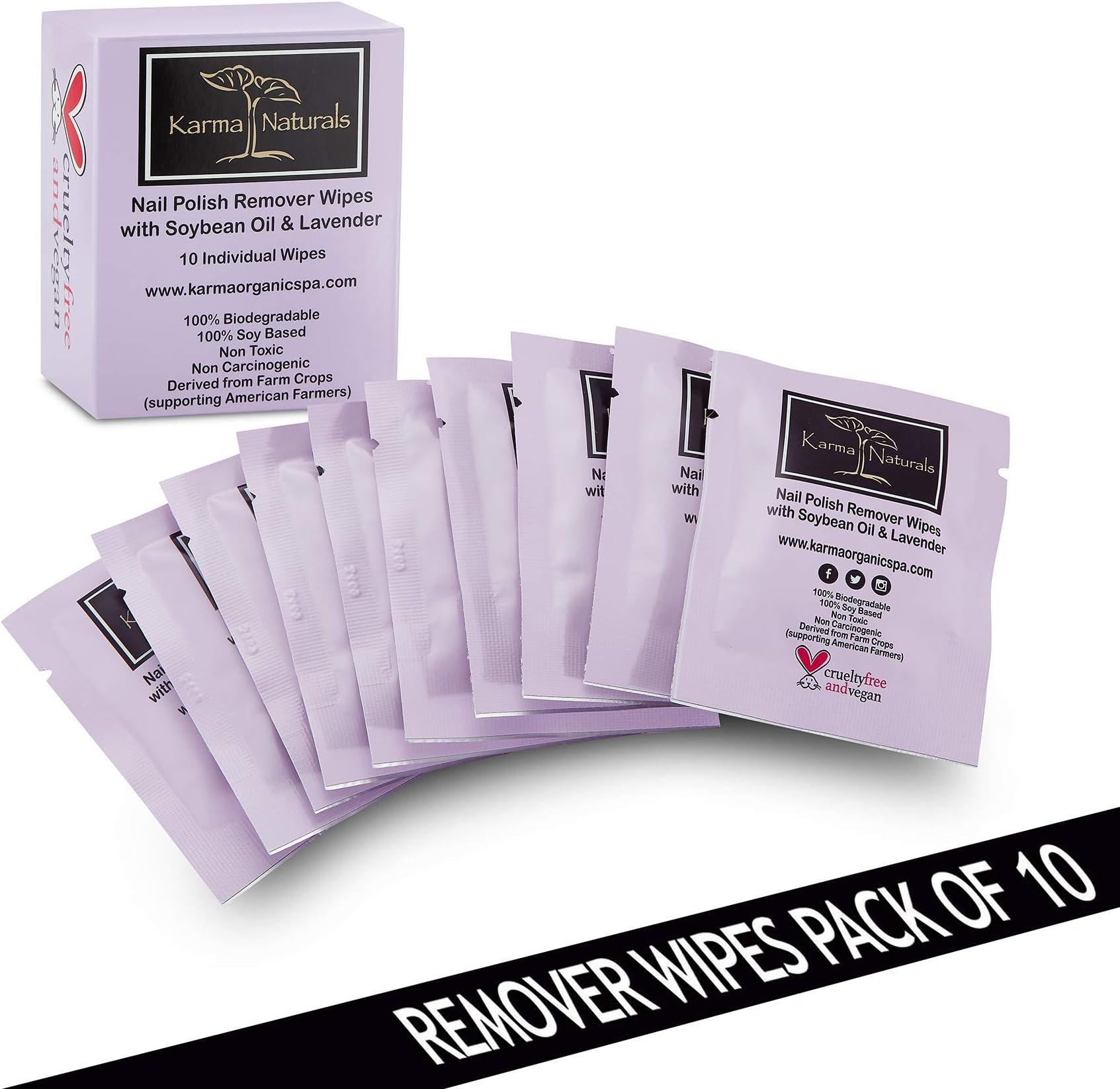 Natural Nail Polish Remover Wipes with Soybean and Lavender Oil, 100% Soy Based, Non-Toxic, Vegan, Cruelty-Free – Pack of 10