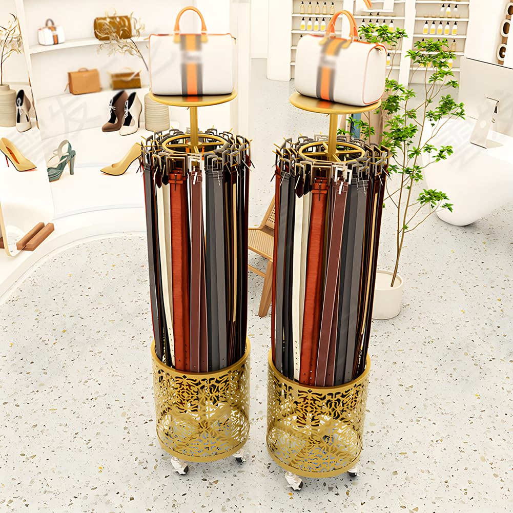 Zfmnoyev Floor Standing Belt Storage Rack with Wheels, 360° Rotation Metal Rack Hanger Organizer, Multi-Functional Handbag Tie Retail Shelves, Space Saving