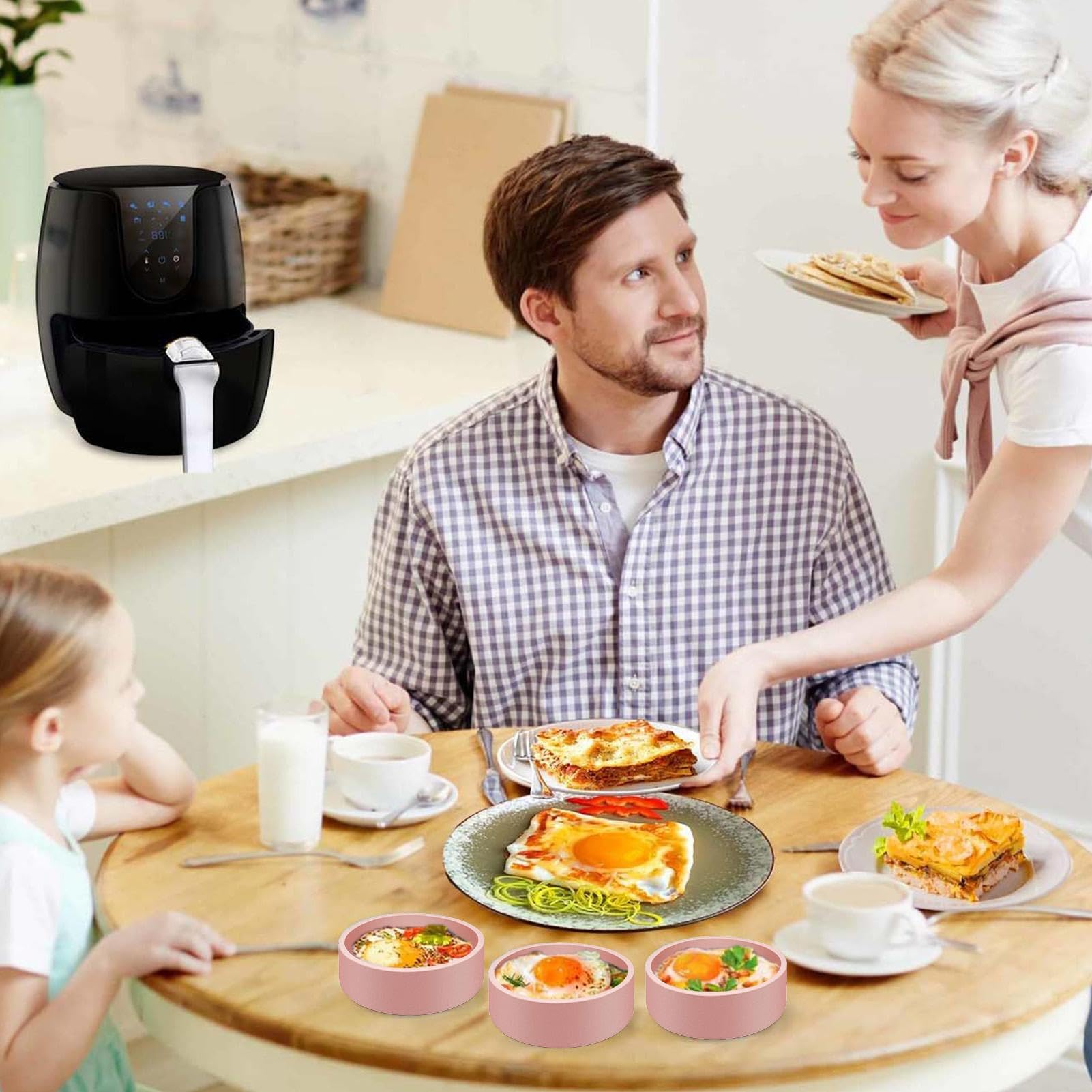 4 stuks ramekins voor heteluchtfriteuse, herbruikbare siliconen airfryer eierstroper met handgrepen, gepocheerde eivormen voor heteluchtfriteuse, thuis keuken bakken friteuse accessoires, 7,5 x 5,5 cm