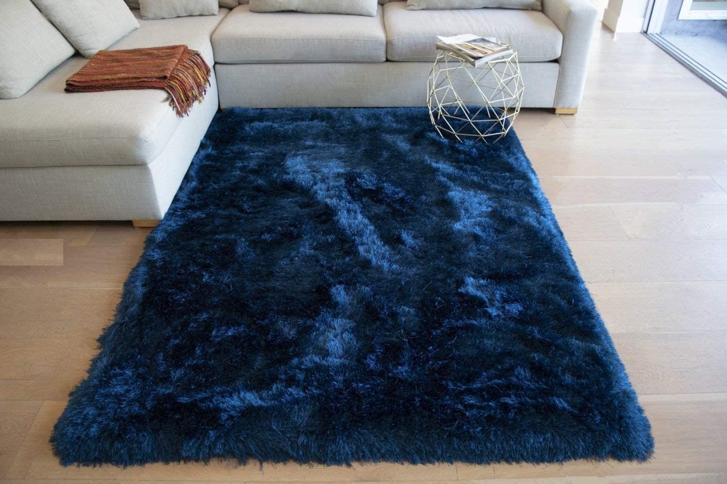 LA Rug Linens Home Living Room Bedroom 8x10 Feet Area Rug Carpet Teal Blue Colors Shag Shaggy Shimmer Plush Hand Woven Modern Contemporary Decorative Designer Carpet